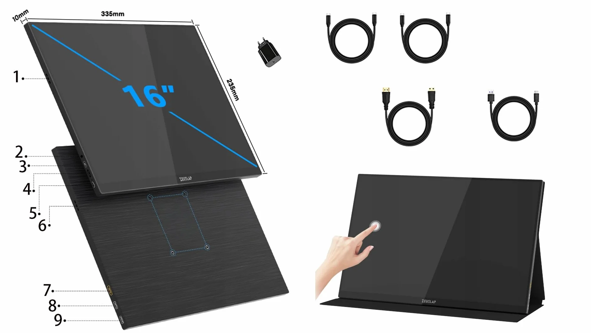 ZEUSLAP P16KT Monitor Przenośny 16" 2.5K 2560x1600 Dotykowy IPS 144Hz HDR Mocowanie VESA USB-C HDMI do Laptopa MacBooka PS4 PS5 Xbox Nintendo Switch Telefonu Pracy Gier Oglądania Filmów