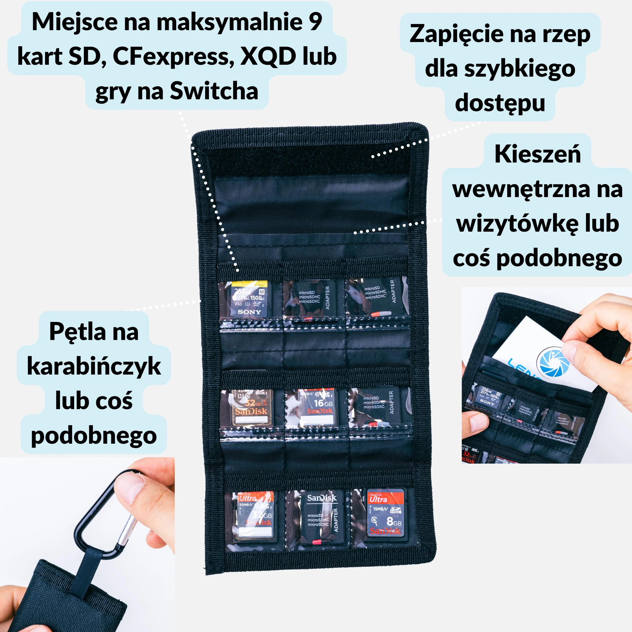 Lens-Aid Etui na karty SD do przechowywania: Kompaktowe etui na maksymalnie 9 kart SD, CFexpress, XQD, gry Switch - Etui wykonane z wytrzymałej tkaniny nylonowej z zapięciem na rzep i pętelką