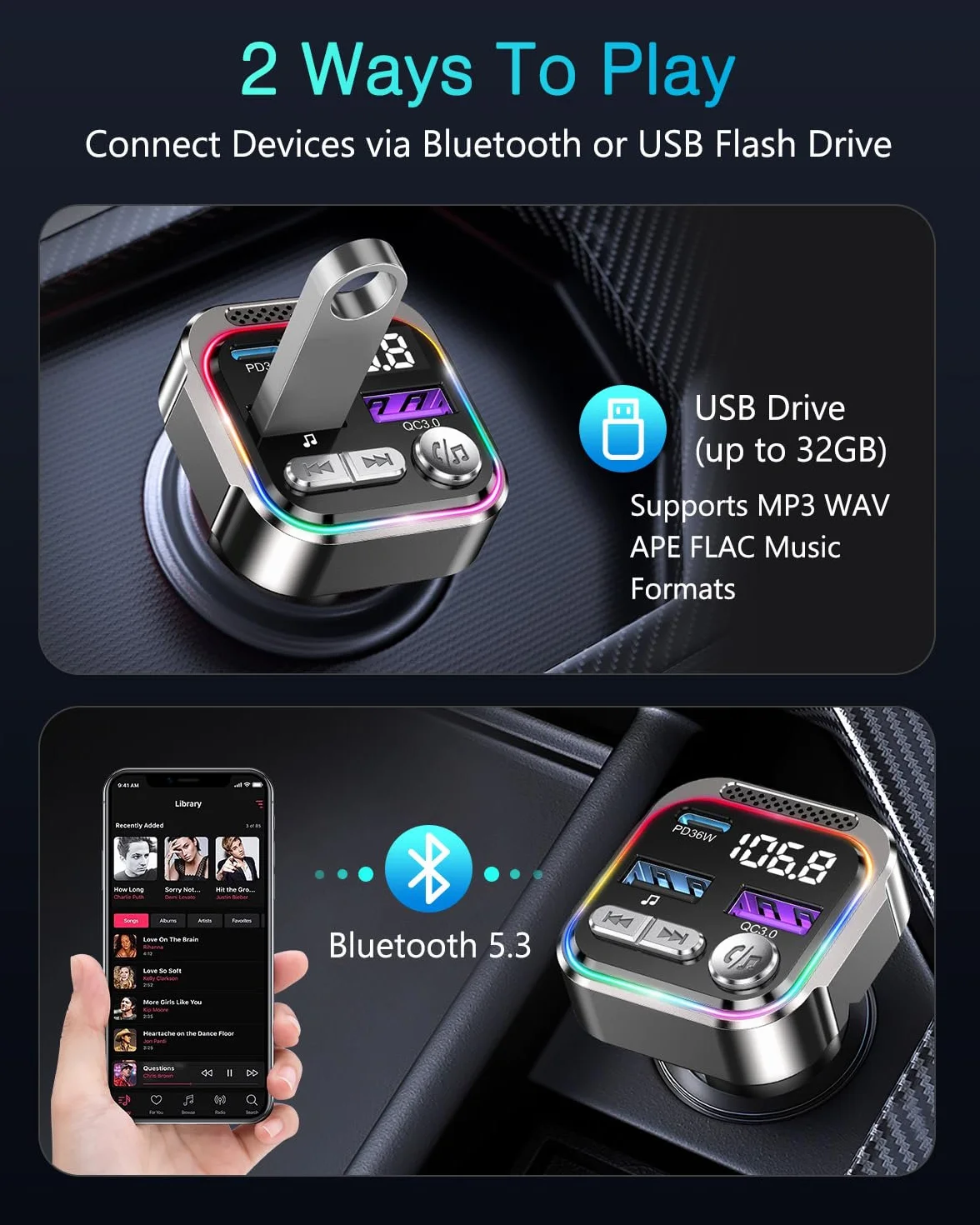 ORIA Nadajnik FM Bluetooth 5.3 66W, PD 36W + QC3.0 18W Samochodowy Nadajnik Bluetooth Radio, Połączenia Głośnomówiące, Synchronizacja Muzyki, Światło Oddechowe, Samochodowy Adapter Muzyczny