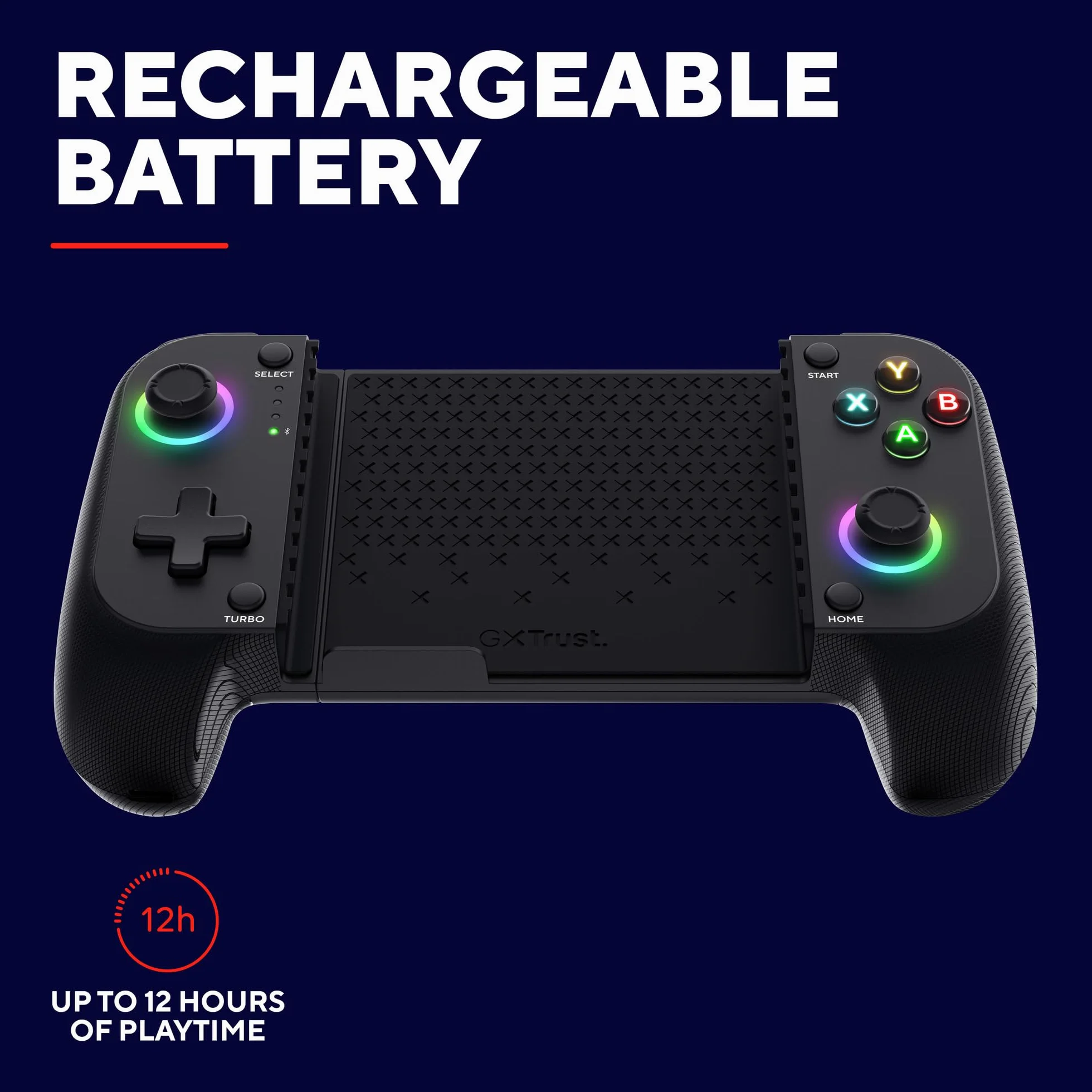 Trust Gaming GXTrust 735 Mylox Kontroler do Gier z Uchwytem na Telefon iPhone Android PS5 Xbox, Akumulator do 12h, Gamepad Bluetooth do Smartfona, Podświetlenie LED RGB, 18 Przycisków, Czarny