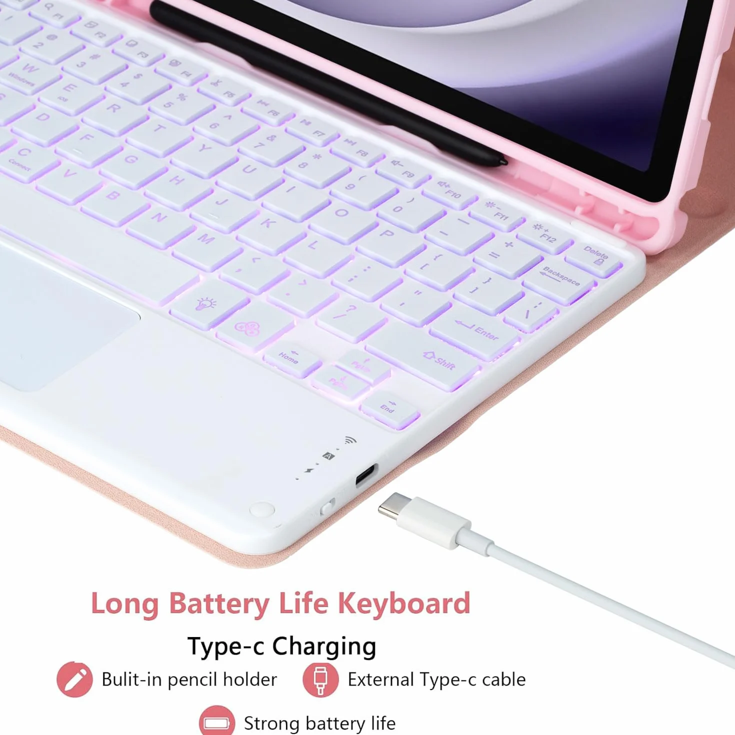 Keyboard Case for Samsung Galaxy Tab S9 FE 10,9 Cala/S9 2023/S8 2022/S7 2020 11 Cali, Z Touchpadem, Odłączana Bezprzewodowa, 7-Kolorowa Podświetlana Klawiatura Z Uchwytem Na Pióro S,Pink