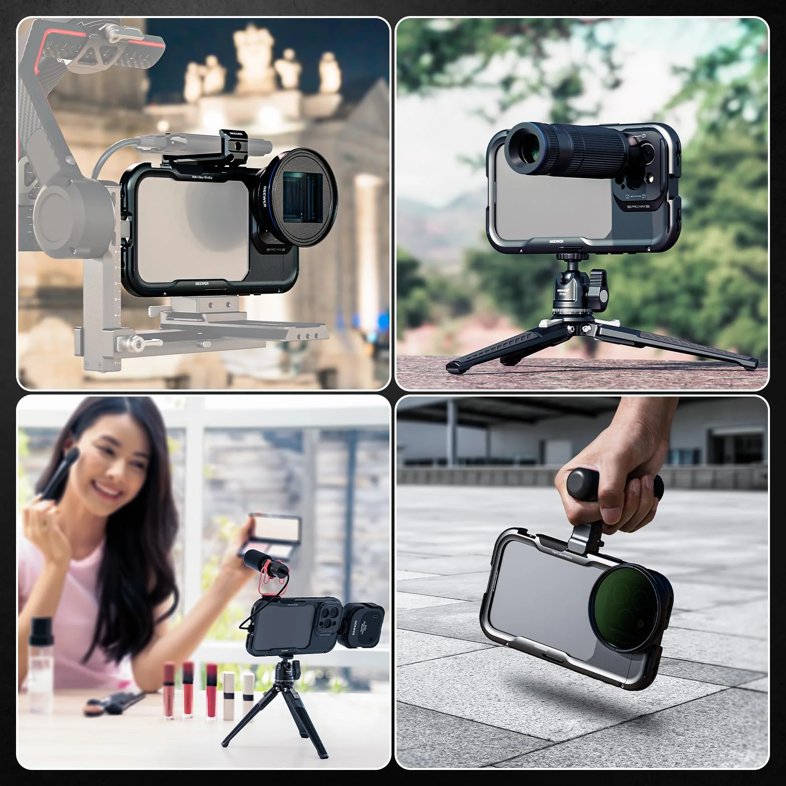 NEEWER Klatka 16 Pro Max, stabilizator telefonu do szybkiego zwalniania kompatybilny z iPhone 16 Pro Max z adapterami filtra 67 mm, obiektyw 17 mm i obiektyw z mocowaniem T, pełny dostęp do sterowania