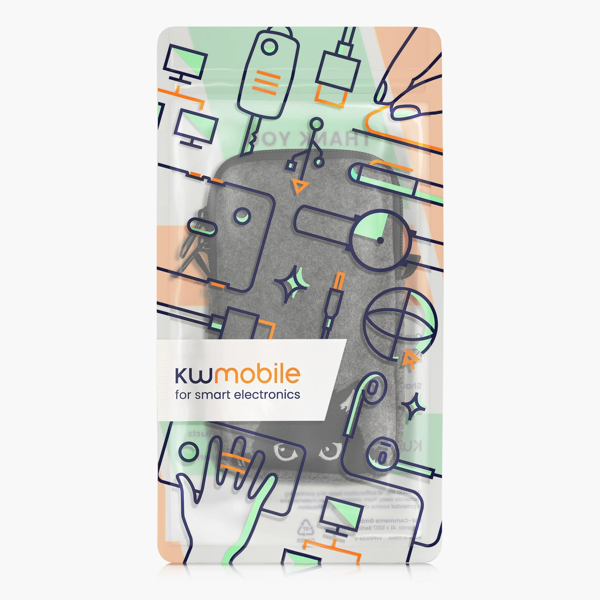 kwmobile Filcowa torba na telefon z wzorem L - 6,5 cala - uchwyt na pasek 16,5 x 8,9 cm - ciekawy kot szary/czarny
