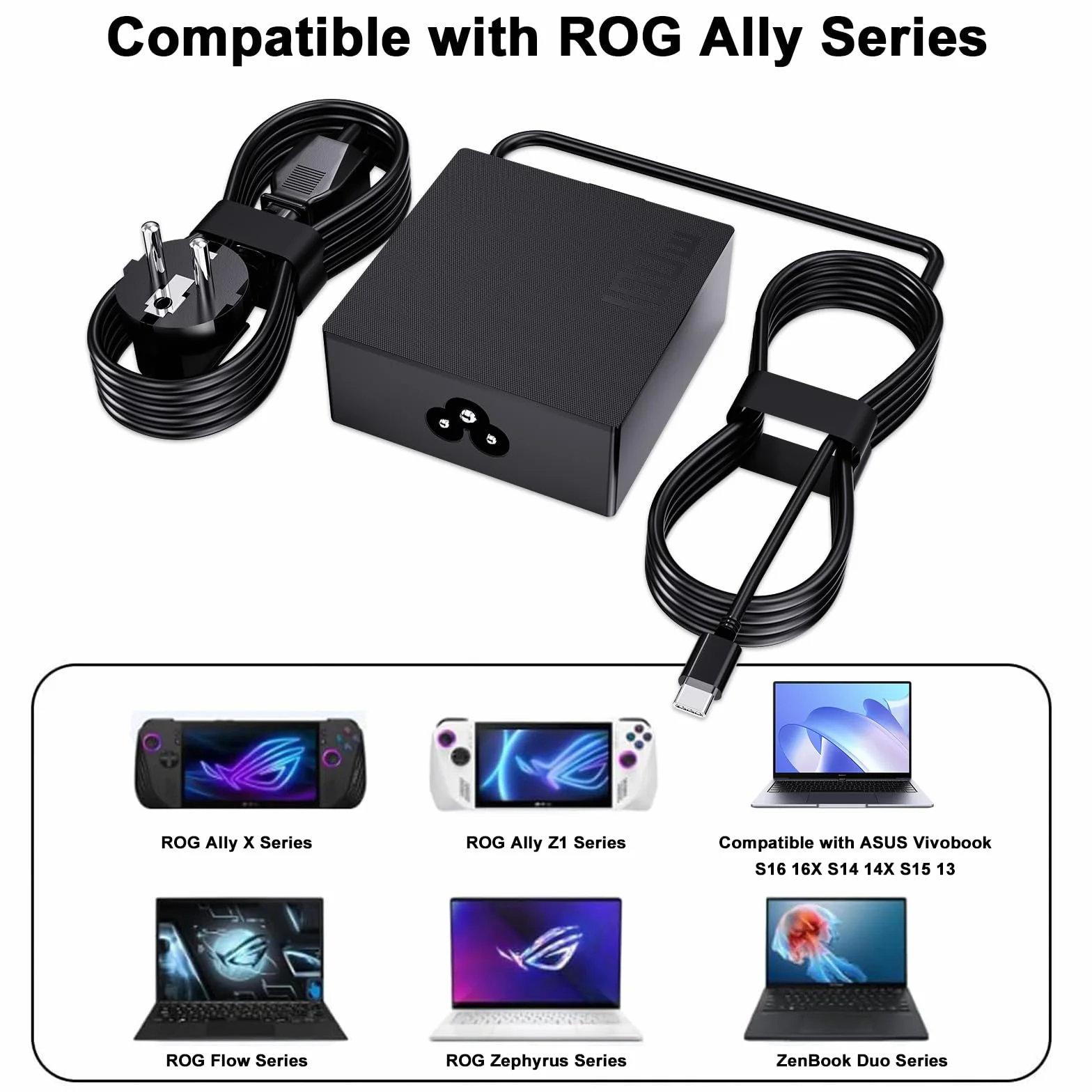 100W USB C ładowarka Kompatybilny z Asus ROG Ally X Z1,Ally Dock,ROG Flow X13 Z13 GV301 GV302 GZ301,Zephyrus G16 GU605 G14 GA403,Vivobook S16 S15 16X 14X ZenBook 14 14X S13 Strix G18 G16 Scar 16 18