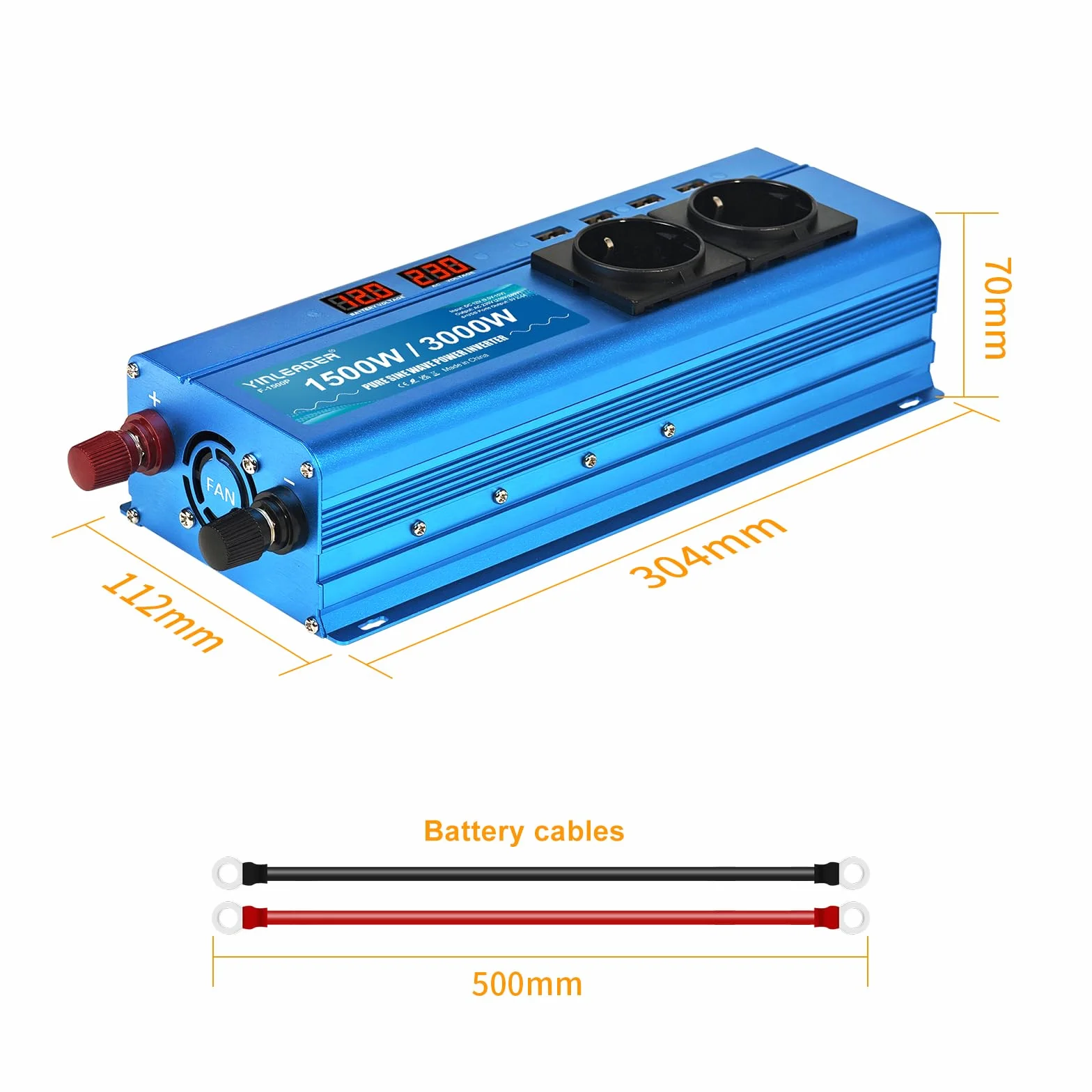 Yinleader Konwerter 12 V, 220 V, czysty sinus, 1500 W, 3000 W, czysta moc Sinus, 2 x gniazdo USB