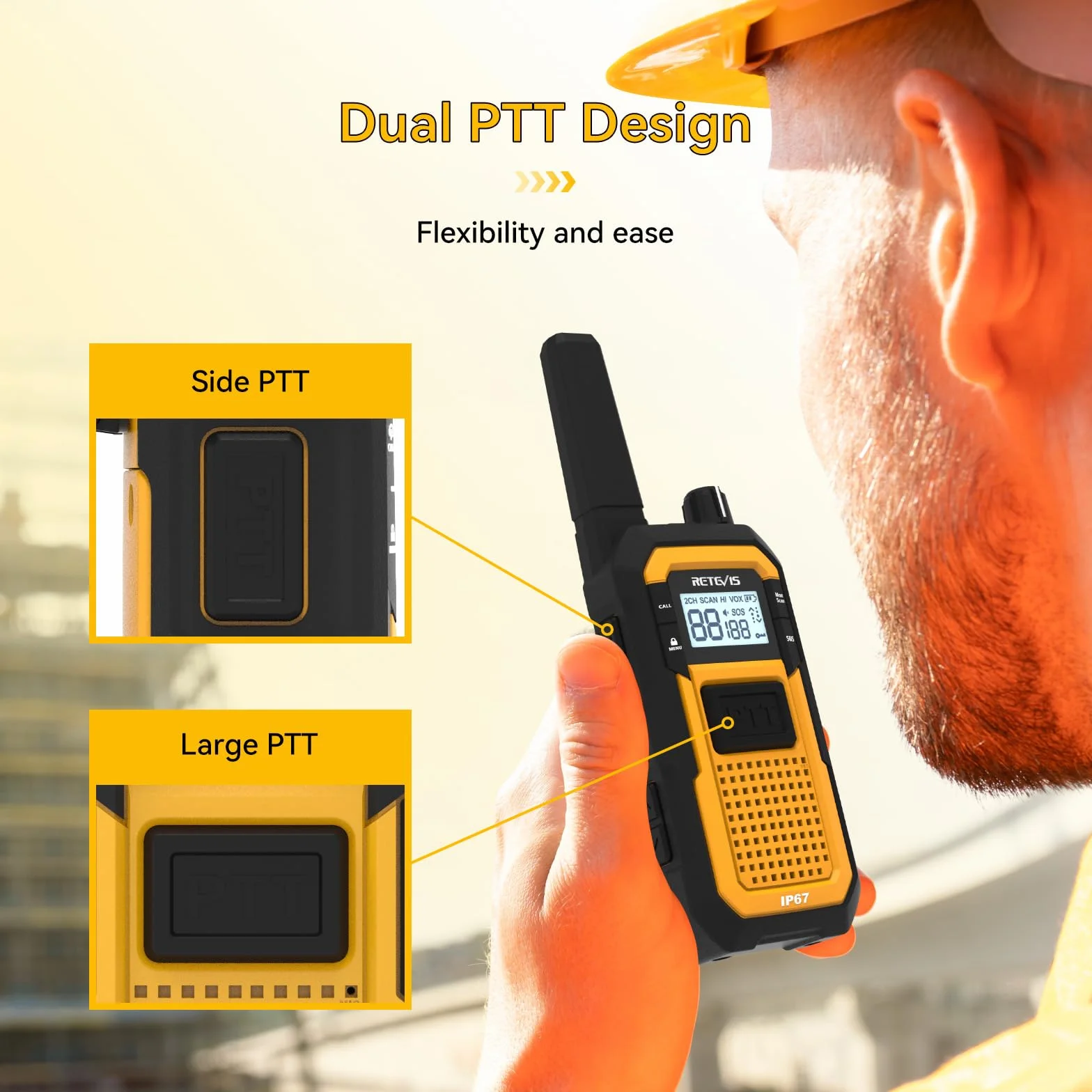 Retevis RB648 Walkie Talkie, IP67 Wodoodporne Radio Z 6-DrożNą łAdowarką, 2000mAh, Podwójny PTT, Wibracja VOX, Wytrzymałe Walkie Talkie dla Dorosłych, Miejsca Pracy, Przemysłowe (6 Szt., Żółty)