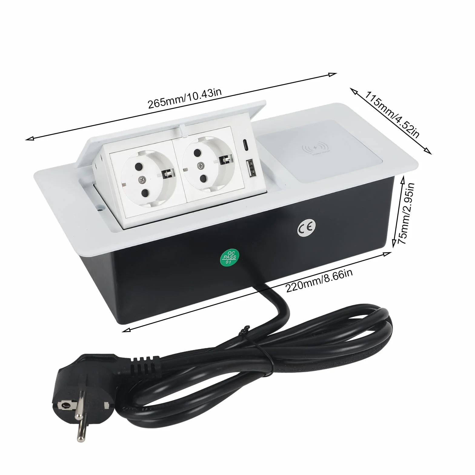 Wysuwane gniazdko elektryczne, 2 gniazda do zabudowy, z USB i bezprzewodową ładowarką 15 W, typ C, 20 W, białe gniazdko do biura, na blat roboczy