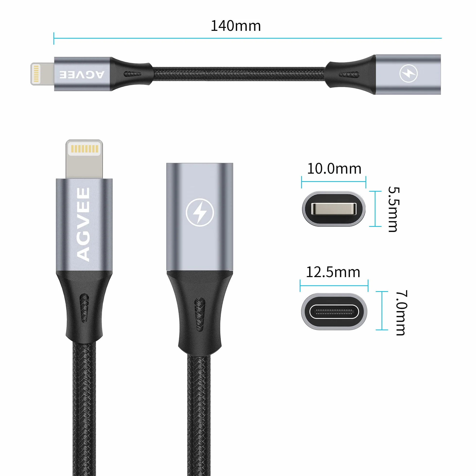 AGVEE 2-pak 4" 30 W USB-C żeński na Lightning adapter kablowy, typ C na 8-pinowy męski PD, szybkie ładowanie, konwerter, złącze synchronizacji danych, do urządzeń iPhone 13, 12, 11, Airpods iOS,