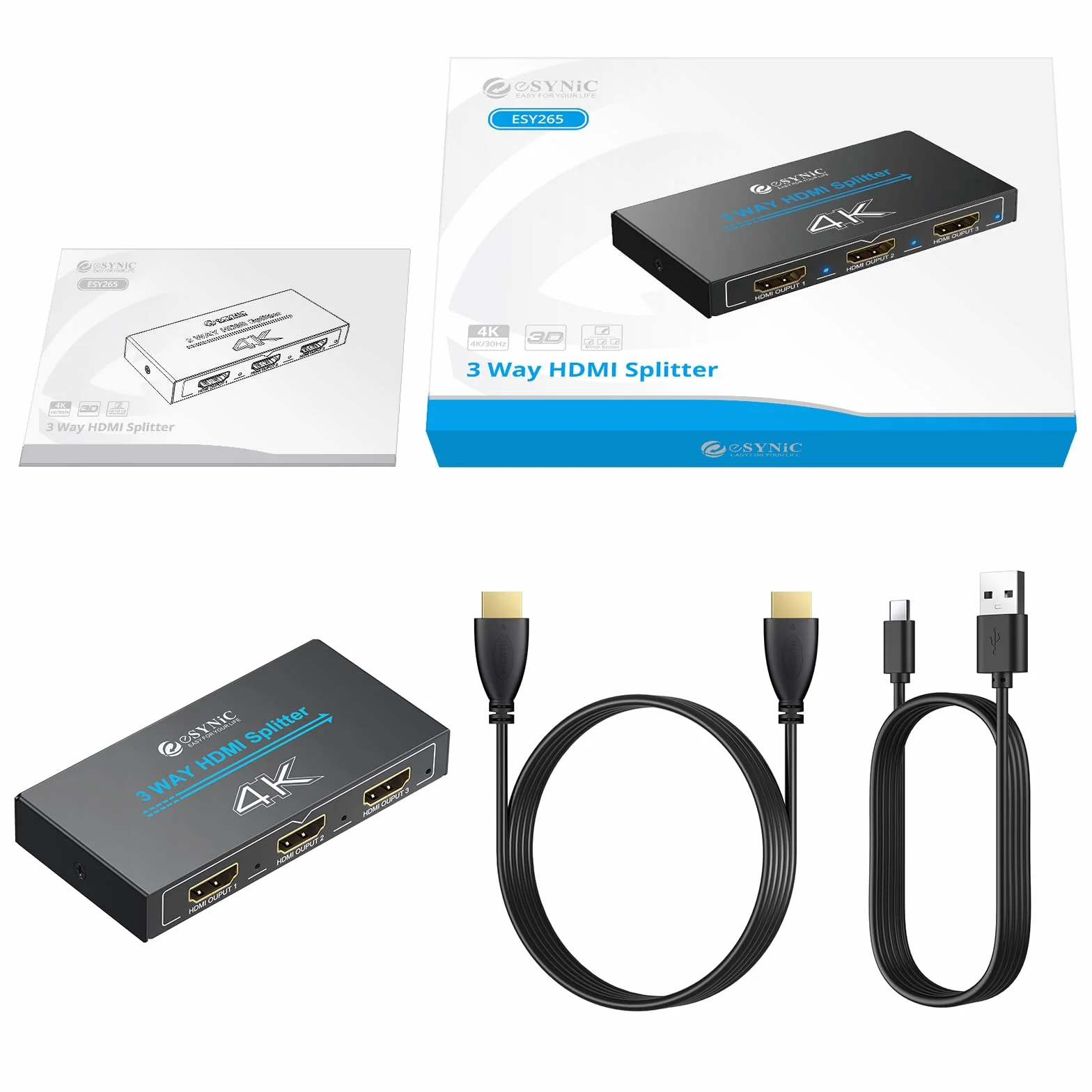 eSynic Rozdzielacz HDMI 4K HDMI rozdzielacz 1 w 3 out, jednocześnie obsługuje 4K 3D HD 1080P do Xbox PS4 PC HDTV