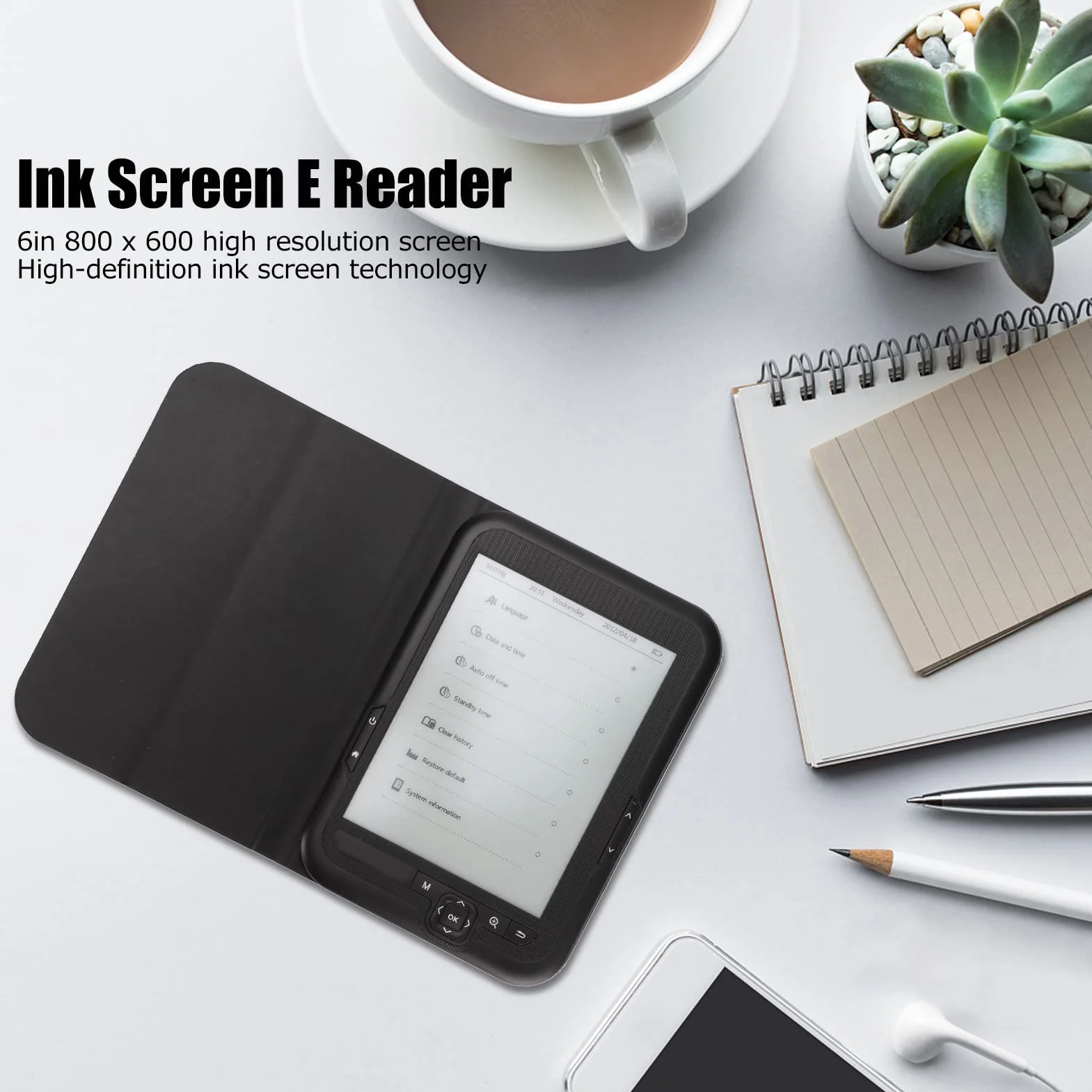 E-Reader Czarne Wielofunkcyjne Klawisze Nawigacyjne 6-Calowy Ekran Atramentowy 800x600 do Ochrony Oczu E-Czytnik do Domowego Biura (8 GB)