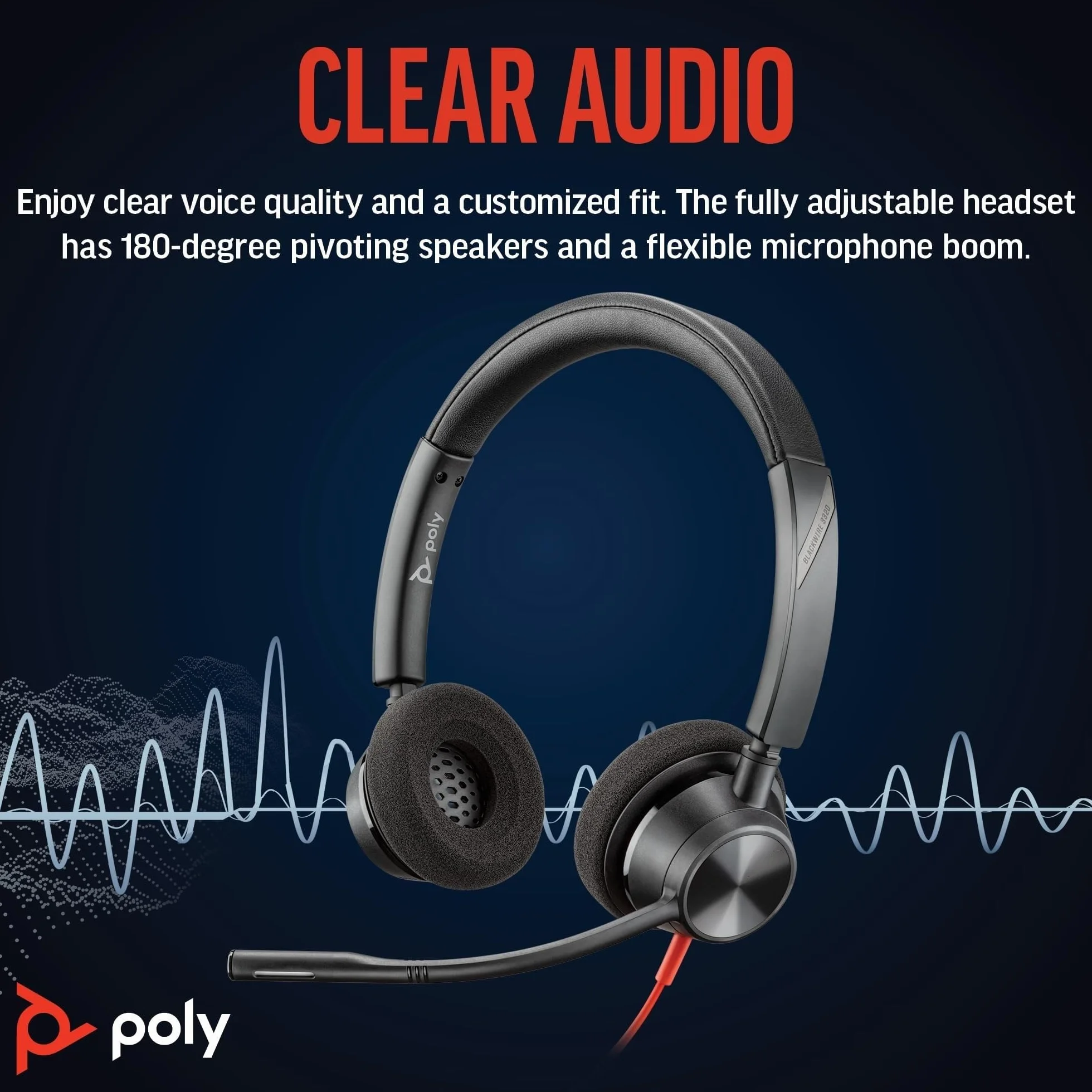 Poly Blackwire 3320 przewodowy zestaw słuchawkowy (Plantronics) – elastyczny wysięgnik mikrofonowy – stereo Hi-Fi, połączenie z komputerem PC/Mac przez USB-C lub USB-A – współpracuje z zespołami/Zoom,