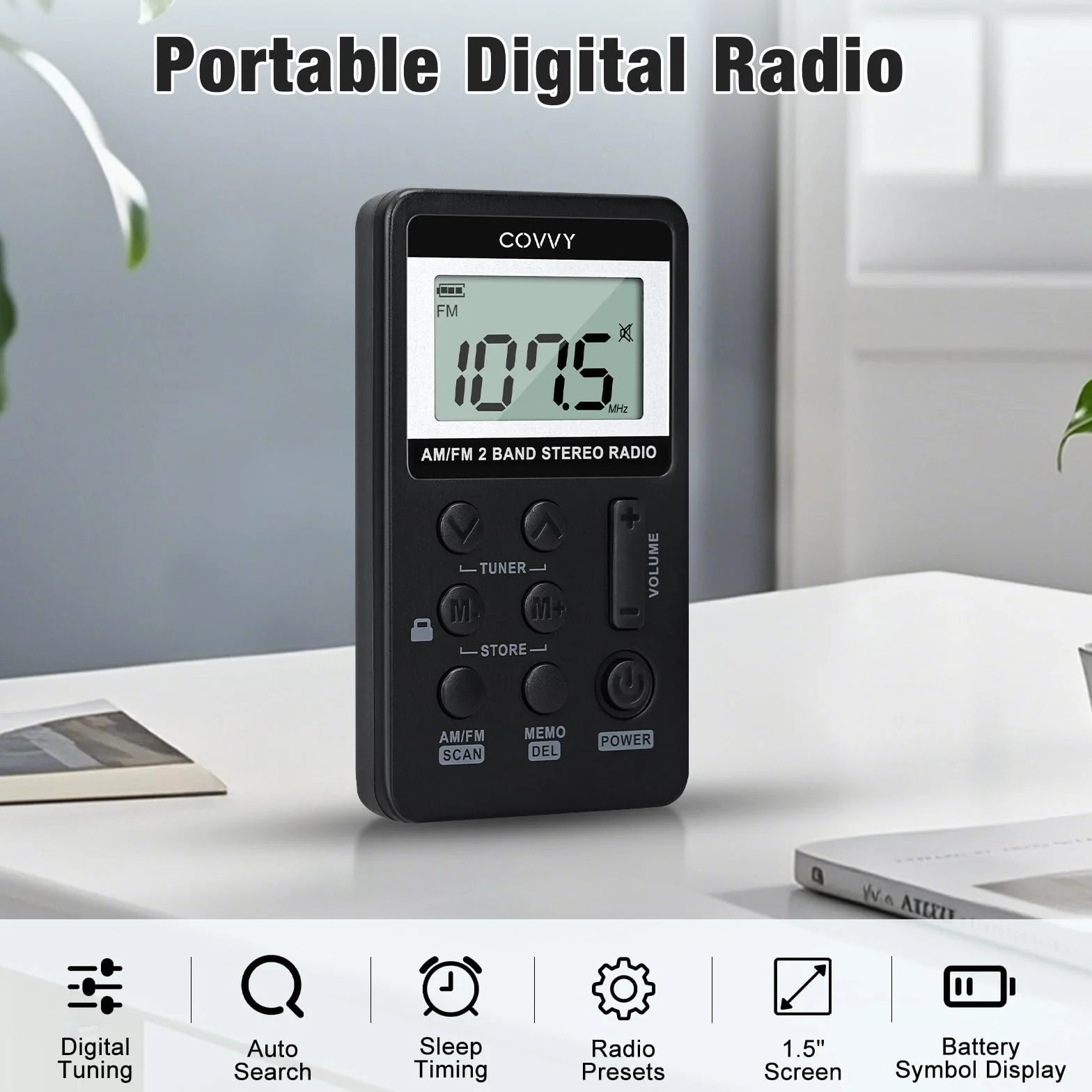 Covvy Przenośne Radio AM/FM Cyfrowe Mini 500 mAh 3,7 V Akumulator Wielokrotnego Ładowania Słuchawki Czarne