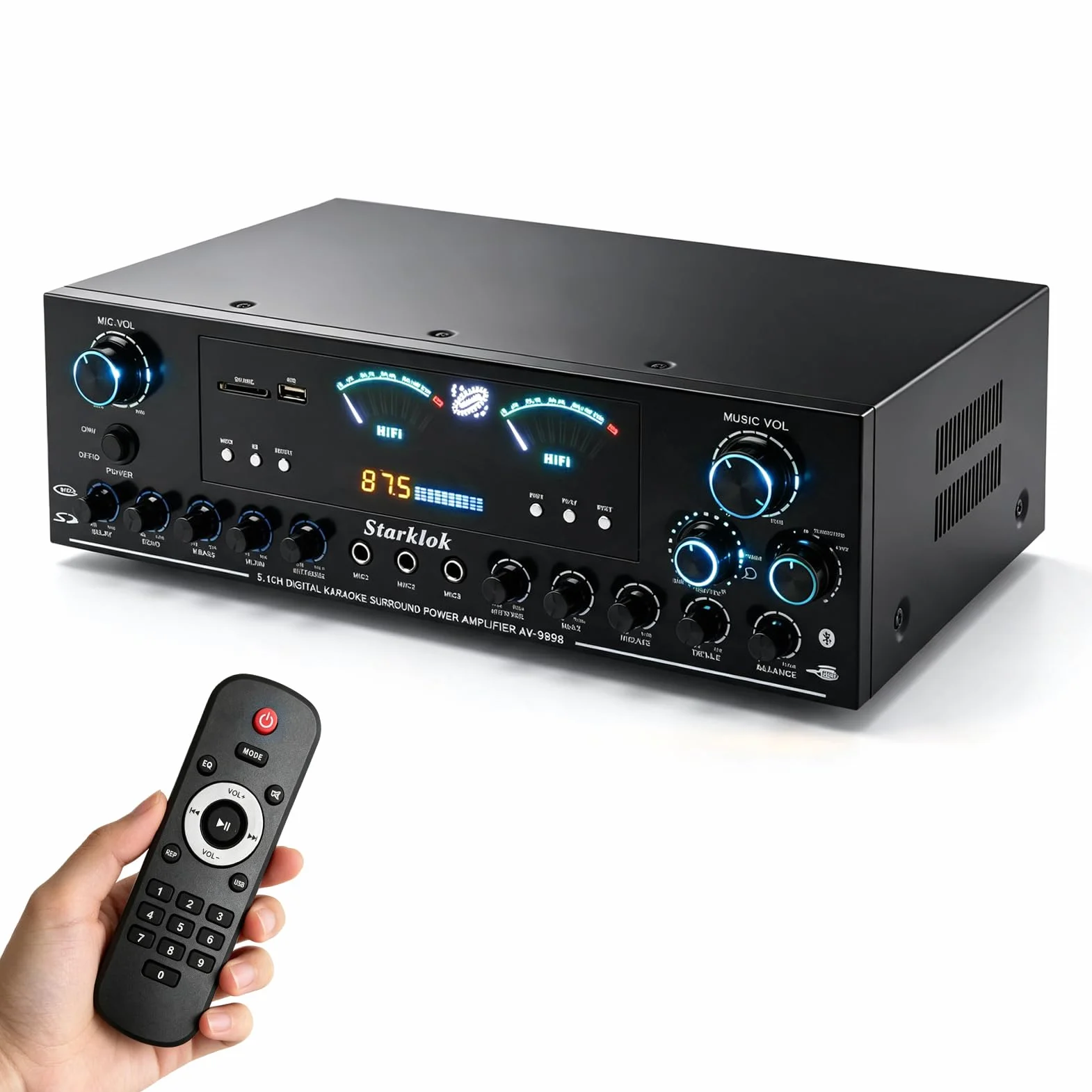 Wzmacniacz Stereo HiFi Bluetooth 5.1 z Pilotem, Wzmacniacz Audio | z Odtwarzaniem USB, Wejściem Audio, Obsługą Aktywnego i Pasywnego Subwoofera, Wzmacniacz Kina Domowego do Głośników