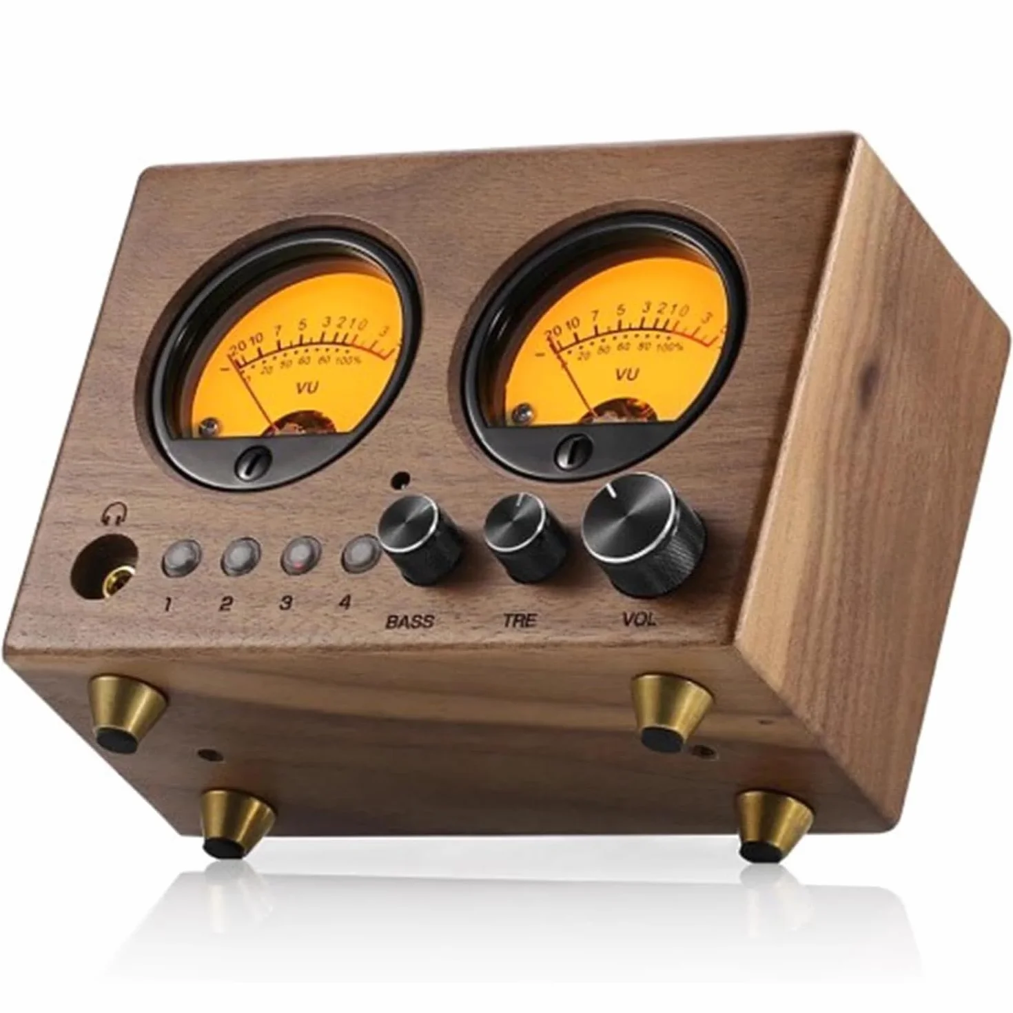 Selektor audio 4 wejścia/1 wyjście, przedwzmacniacz z umetrem, pilot zdalnego sterowania, regulacja wysokiej/medium/basy, wyjście słuchawkowe 3,5 mm, do komputera, wzmacniacza, głośnika
