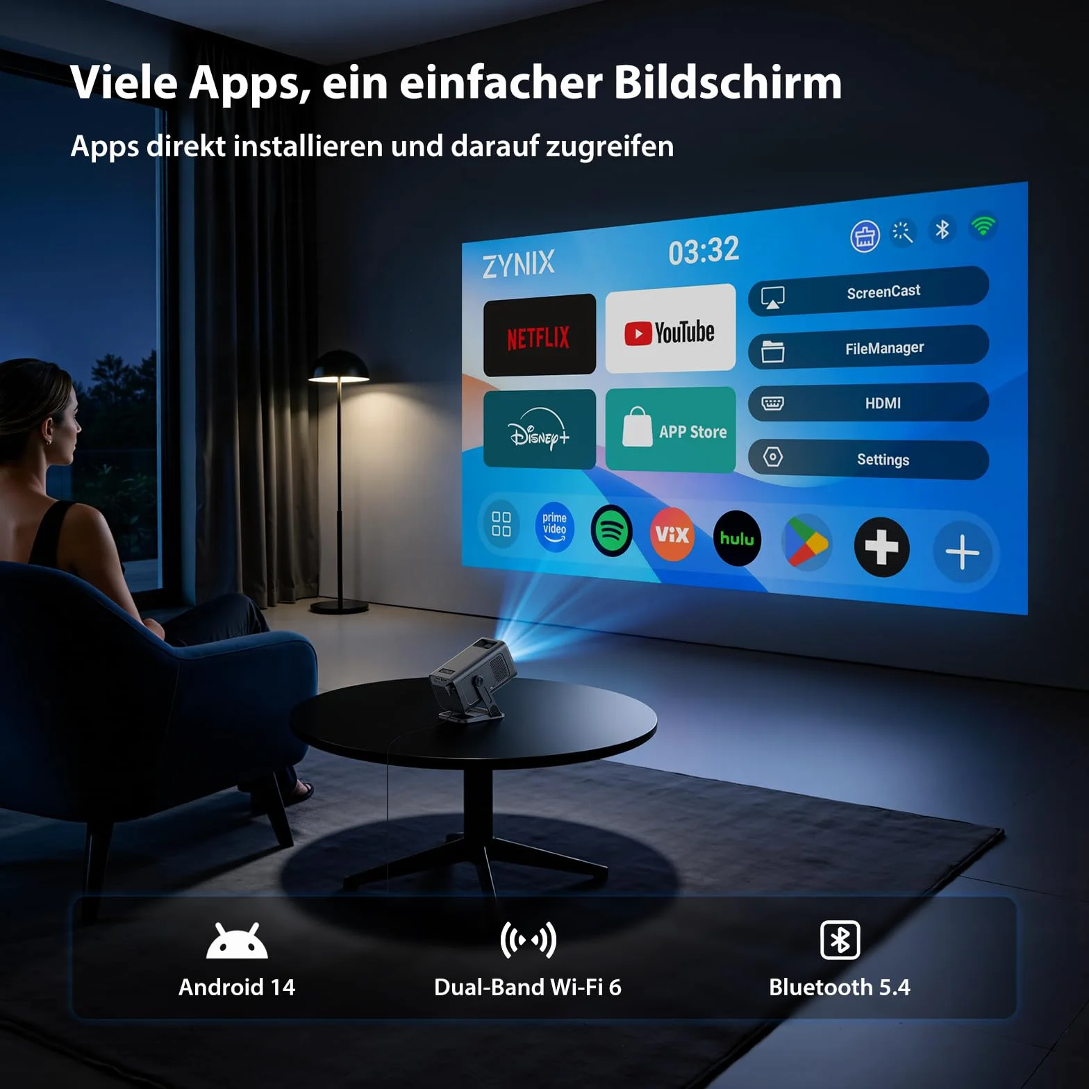 ZYNIX Inteligentny mini projektor z systemem Android 14, obsługuje 4K i 1080P, projektor WiFi 6 i Bluetooth 5.4, Auto Keystone i obrót o 270° do kina domowego, gier i na zewnątrz, NIX500