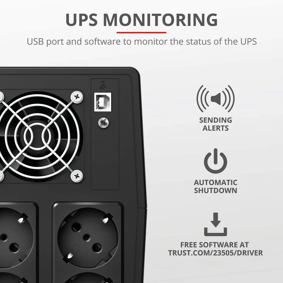 Trust Paxxon zasilacz bezprzerwowy UPS 1500 VA z akumulatorem | 4 gniazda, ochrona przed przepięciem, system zasilania gwarantowanego