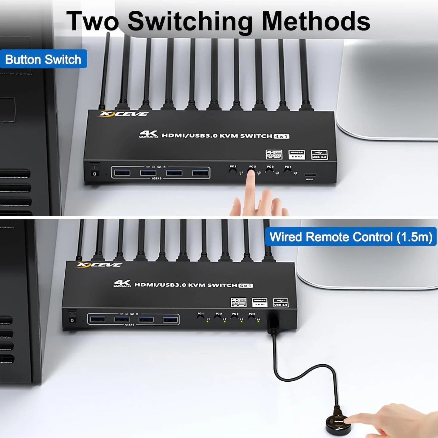 KVM Switch 4 PC 1 monitor HDMI symulacja EDID, 4K 60Hz, USB 3.0 KVM Switch HDMI 4 porty do 4 części PC, 1 monitor i 4 urządzenia USB 3.0, z przewodowym pilotem, 5 kabli i zasilaczem sieciowym