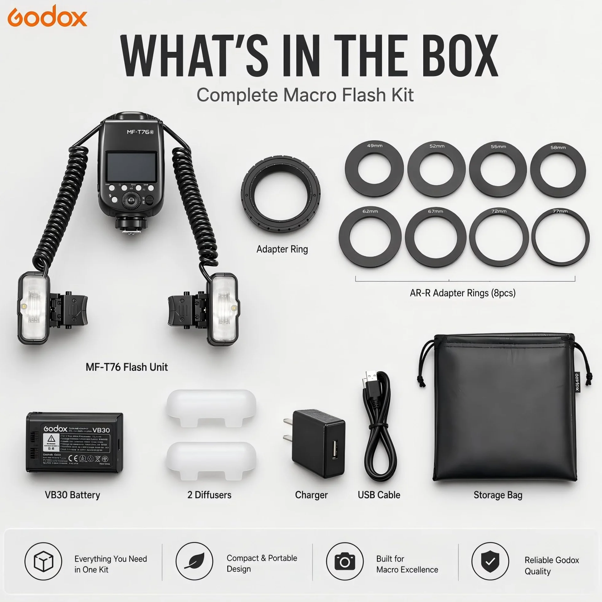 Godox MF-T76N TTL makro podwójna lampa błyskowa do Nikon, 76 W GN22,4 Twin Flash z regulowanymi podwójnymi głowicami, recykling 1,2 s, HSS, do fotografii makro, biżuterii, owadów i fotografii