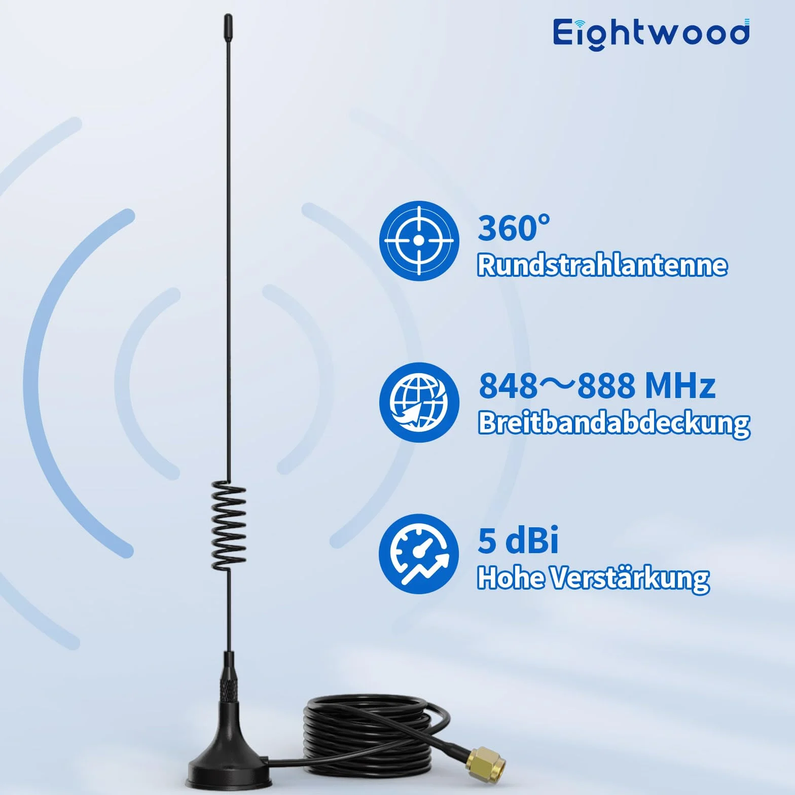 Eightwood Antena 868 MHz 848-888 MHz antena 5dBi SMA Pigtail SMA męskie złącze RG174 kabel koncentryczny 3 metry
