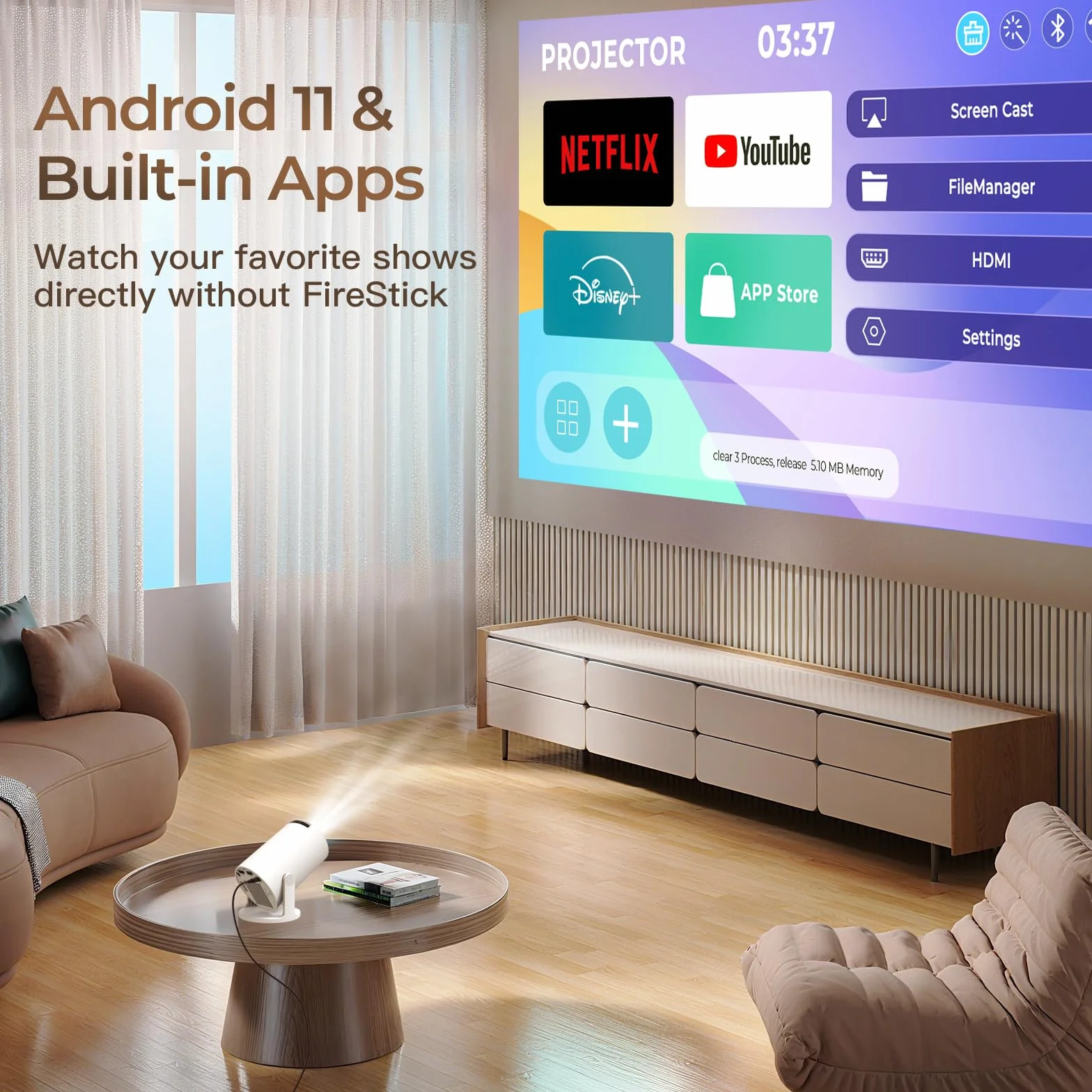 【Automatyczna Korekcja Trapezu】Inteligentny projektor HY300 Pro z Wi-Fi 6 i Bluetooth 5.4, 1080P i wsparcie 4K, Android 14, wbud. aplikacje, przen. mini projektor kompatybilny z HDMI/iOS/Android/USB