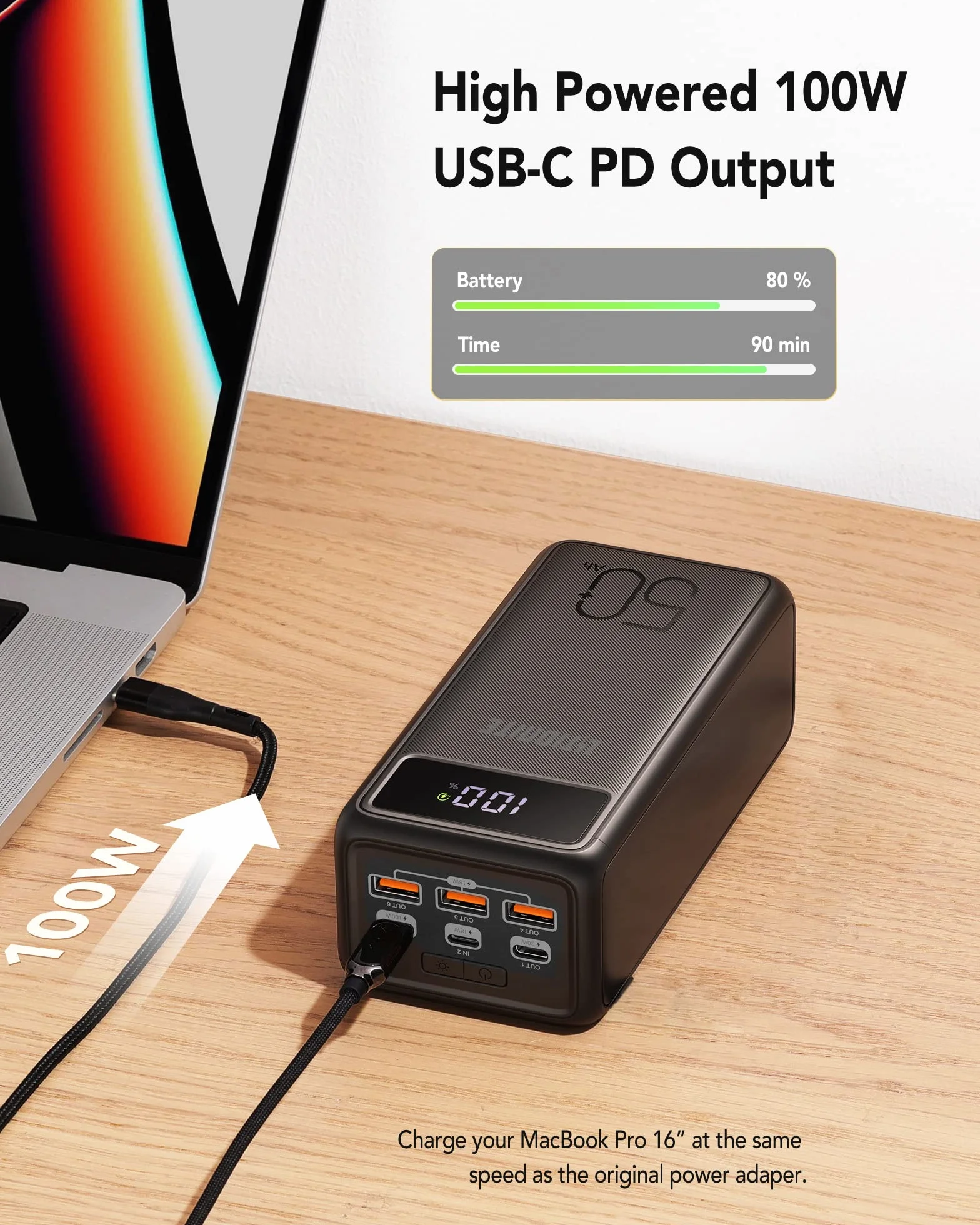 LITIONITE Raiden 130W / 56.000mAh Power Bank USB-C PD3.0 (100W Max) + USB-A (18W Max) - przenośny powerbank z dużym wyświetlaczem do PC/MacBook/MateBook/Surface/Spectre/smartphone/tablet