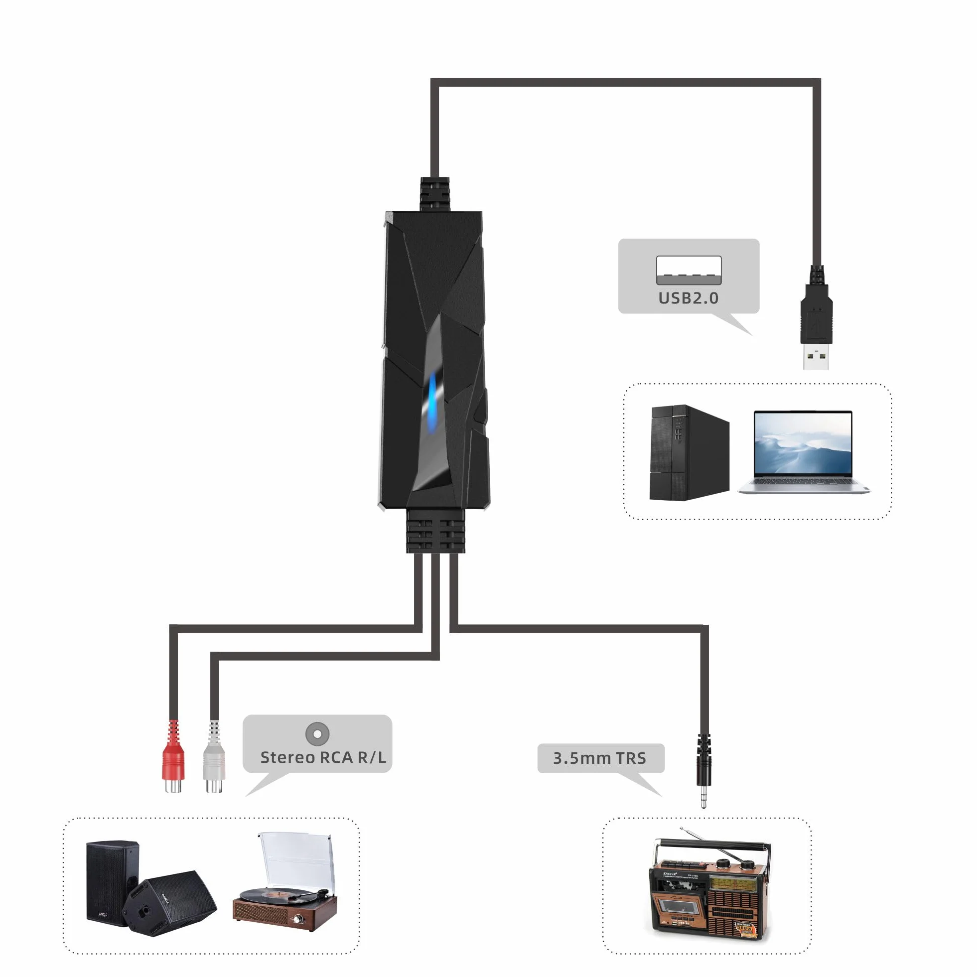 DigitalLife USB 2.0 Audio Grabber z Wejściem 3,5 mm oraz R/L Stereo – Digitalizator Audio do Winyli i Kaset, Kompatybilny z Windows/macOS