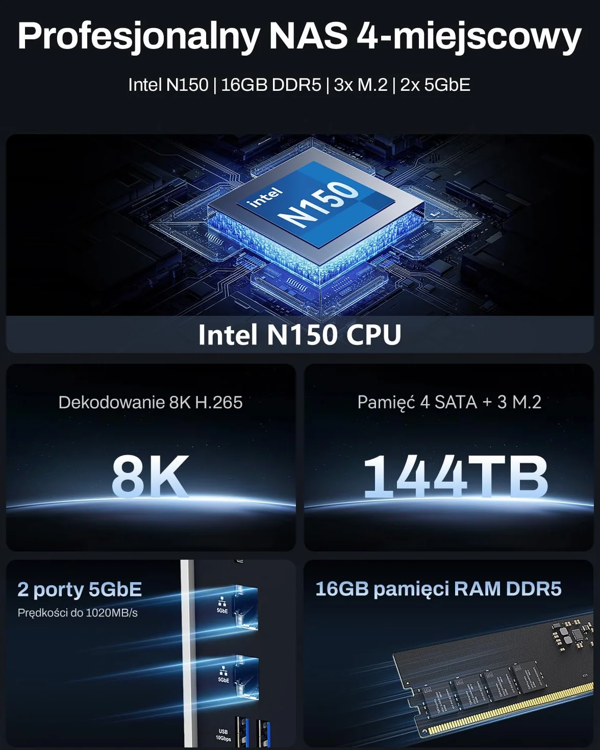 TERRAMASTER F4-425 Plus NAS Storage – 4-kieszeniowy Procesor Intel N150 Quad-Core, 16 GB Pamięci RAM DDR5, 2 Porty LAN 5GbE, 3 Gniazda M.2, Pamięć Sieciowa, Serwer Multimedialny (Bez Dysków)