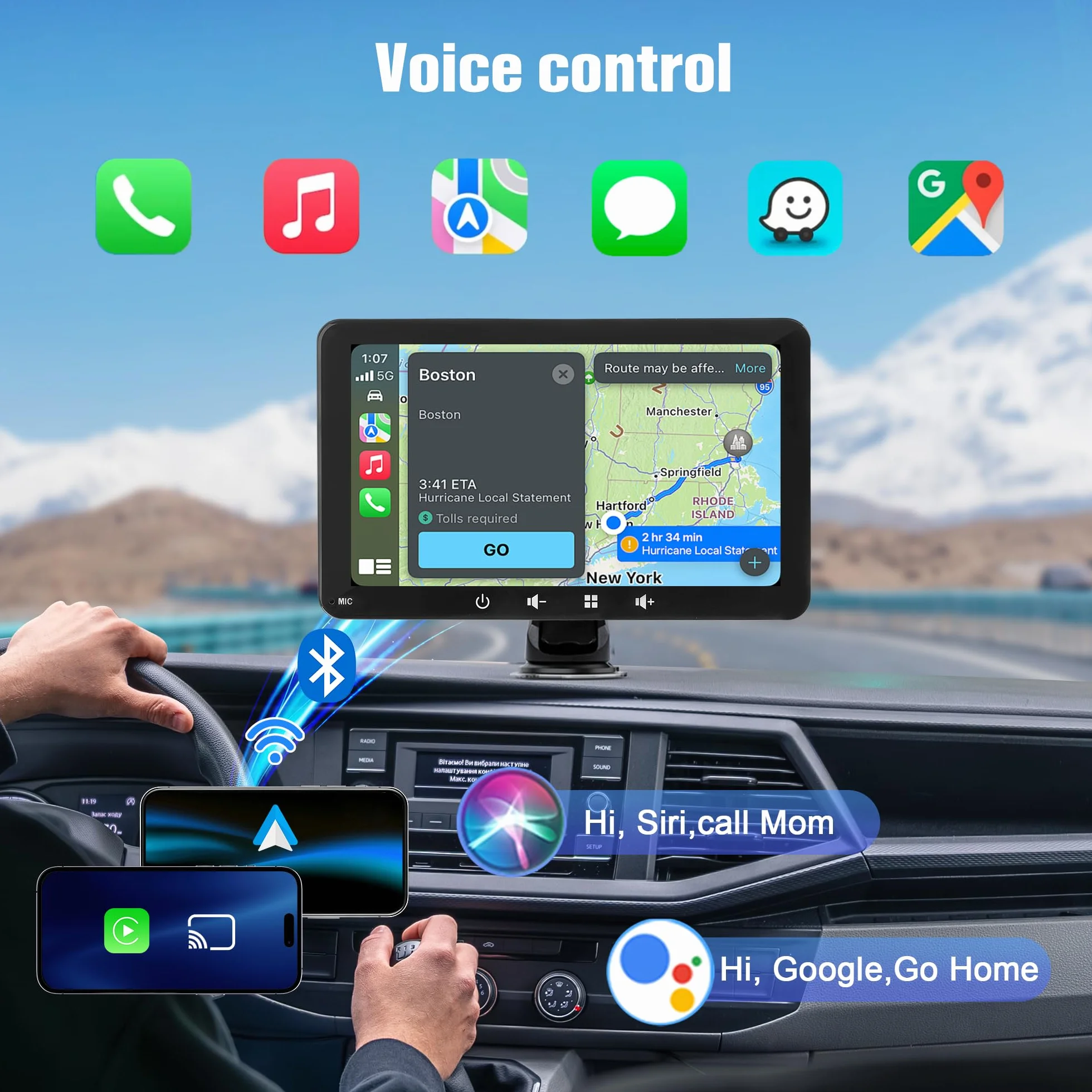 Autolink bezprzewodowy Carplay i Android Auto ekran do odtwarzania samochodu, 7-calowy przenośny tablet samochodowy kompatybilny ze sterowaniem głosowym, Bluetooth 5.0, funkcja ekranu lustra