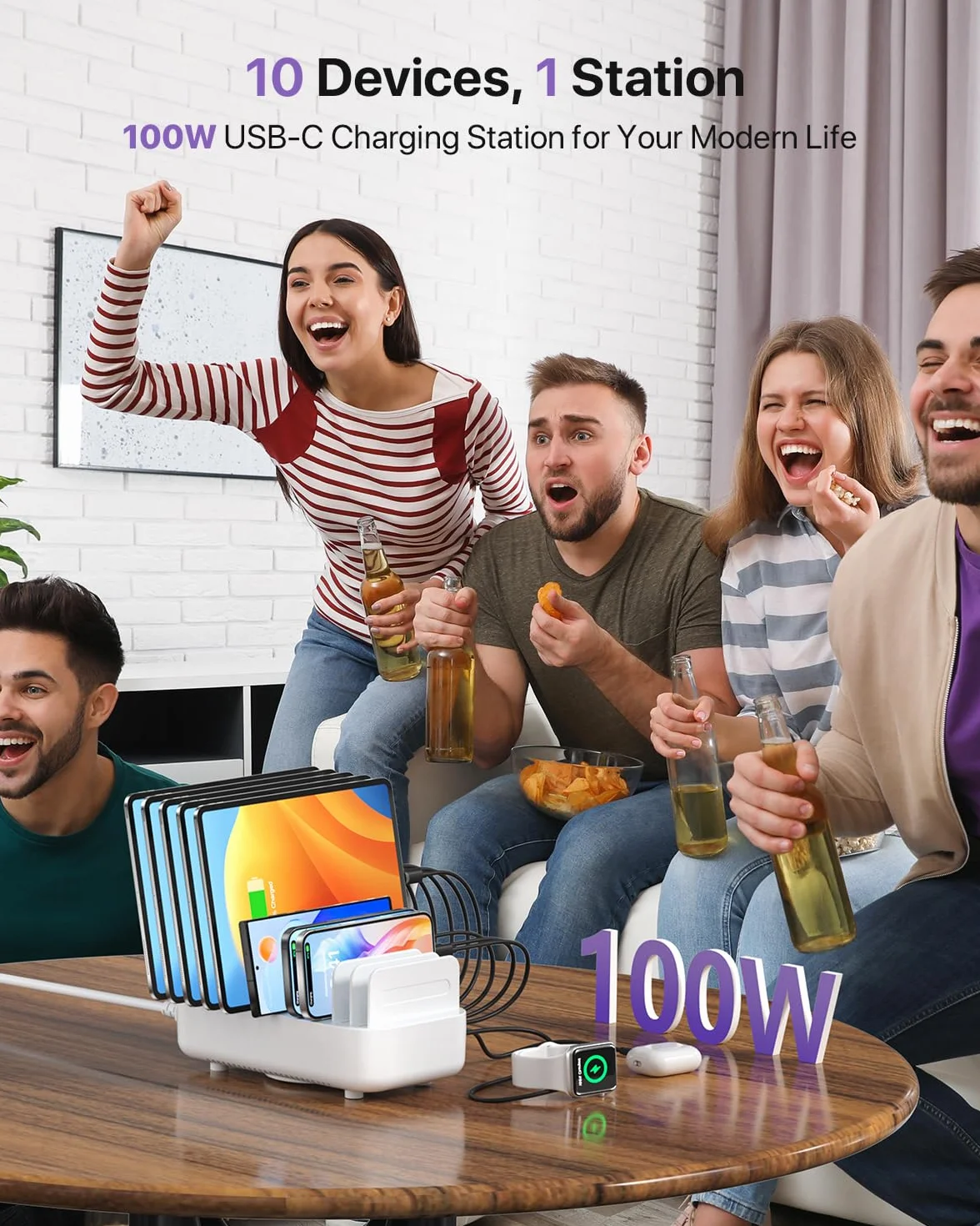 SooPii 100 W 10-krotna stacja ładująca USB z 6 portami USB-C i 4 portami USB-A, szybkie ładowanie PD, kompatybilna z lPhone, LPad, Galaxy i innymi urządzeniami, w tym 10 mieszanych kabli do ładowania