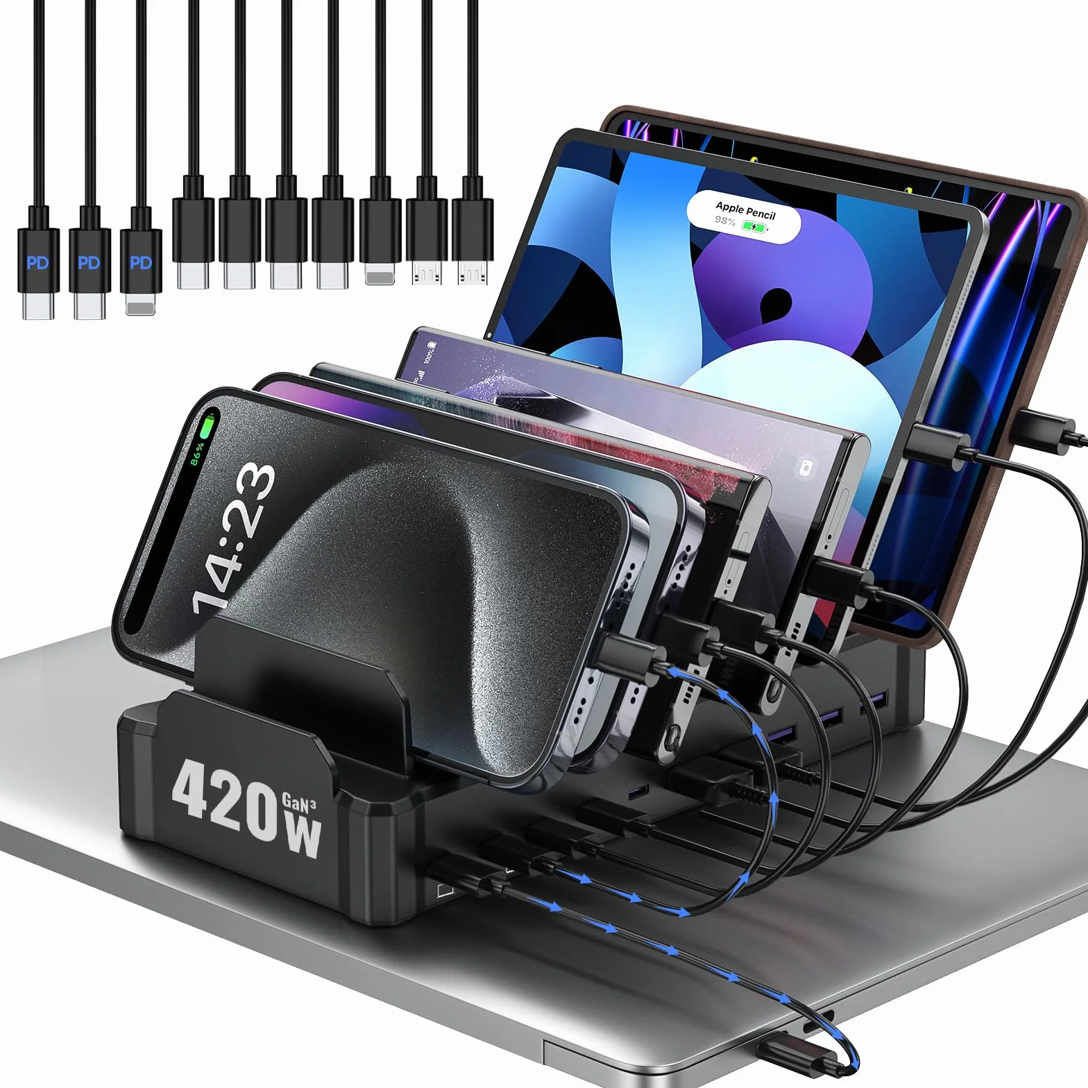 Zobirez - Stacja ładująca 320 W dla wielu urządzeń, 10-portowa stacja szybkiego ładowania USB C dla MacBooka, iPhone'a, telefonu komórkowego z systemem Android, iPad, tabletów, wielu organizatorów