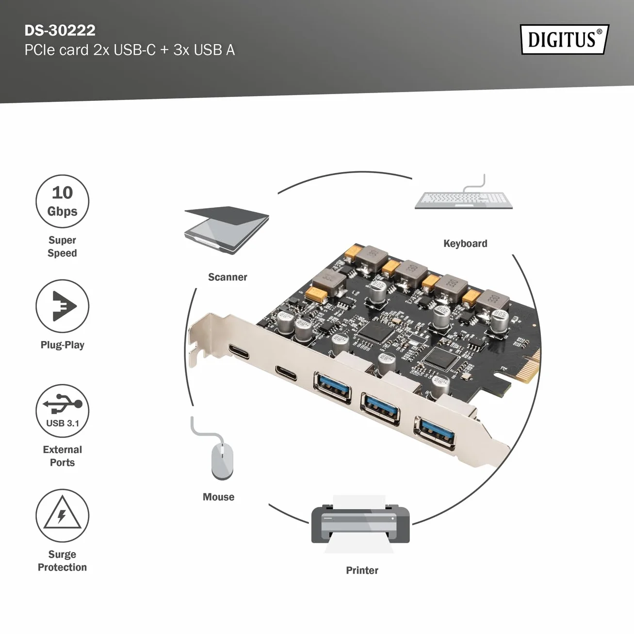DIGITUS Karta IO - PCIe - 2x USB-C, 3x USB A - karta interfejsu USB 3.1 Gen 2 - do 10 Gbps - Plug & Play