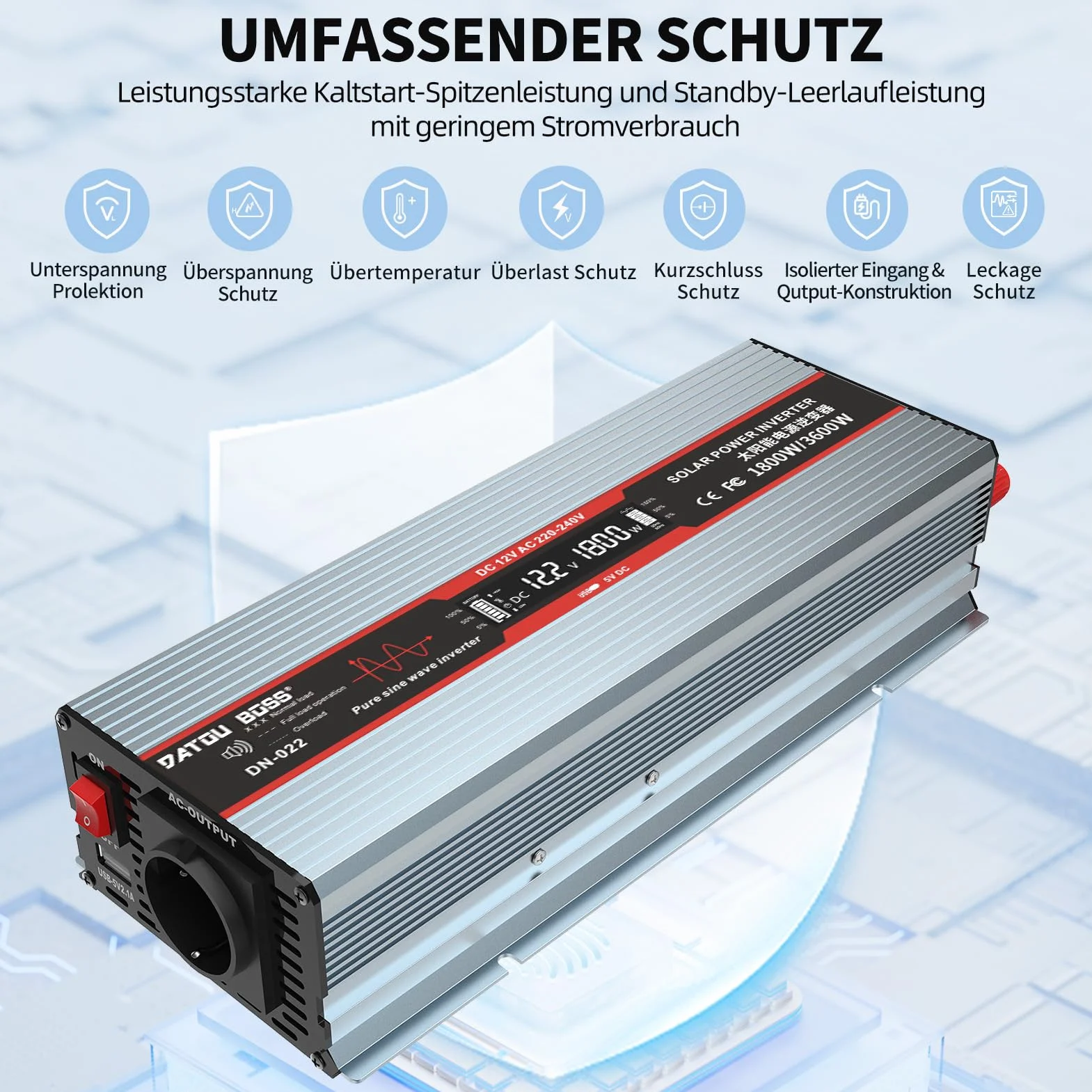 DATOUBOSS Przetwornica napięcia 12 V na 230 V, czysta sinusoidalna przetwornica napięcia 1800 W, moc szczytowa 3600 W z gniazdami UE, portami USB i wyświetlaczem LED, do urządzeń gospodarstwa domowego