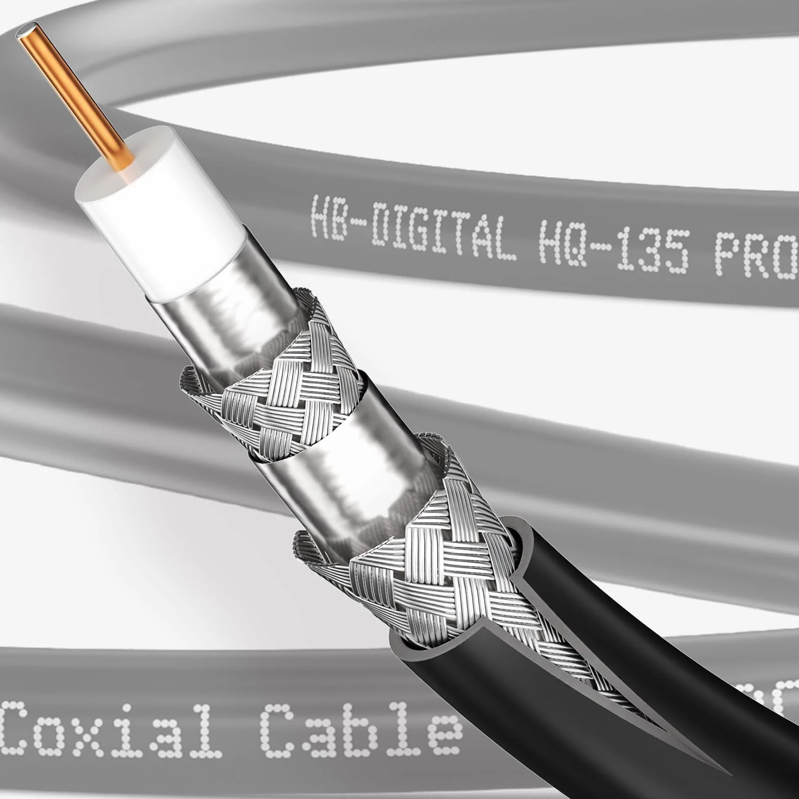 HB-DIGITAL Kabel koncentryczny 25 m SAT 135 dB 8K 4K UHD 4-krotnie ekranowany do DVB-S / S2 DVB-C / C2 DVB-T / T2 DAB+ radio + w zestawie 10 x pozłacane złącza F BK urządzenia - stalowy/miedziany