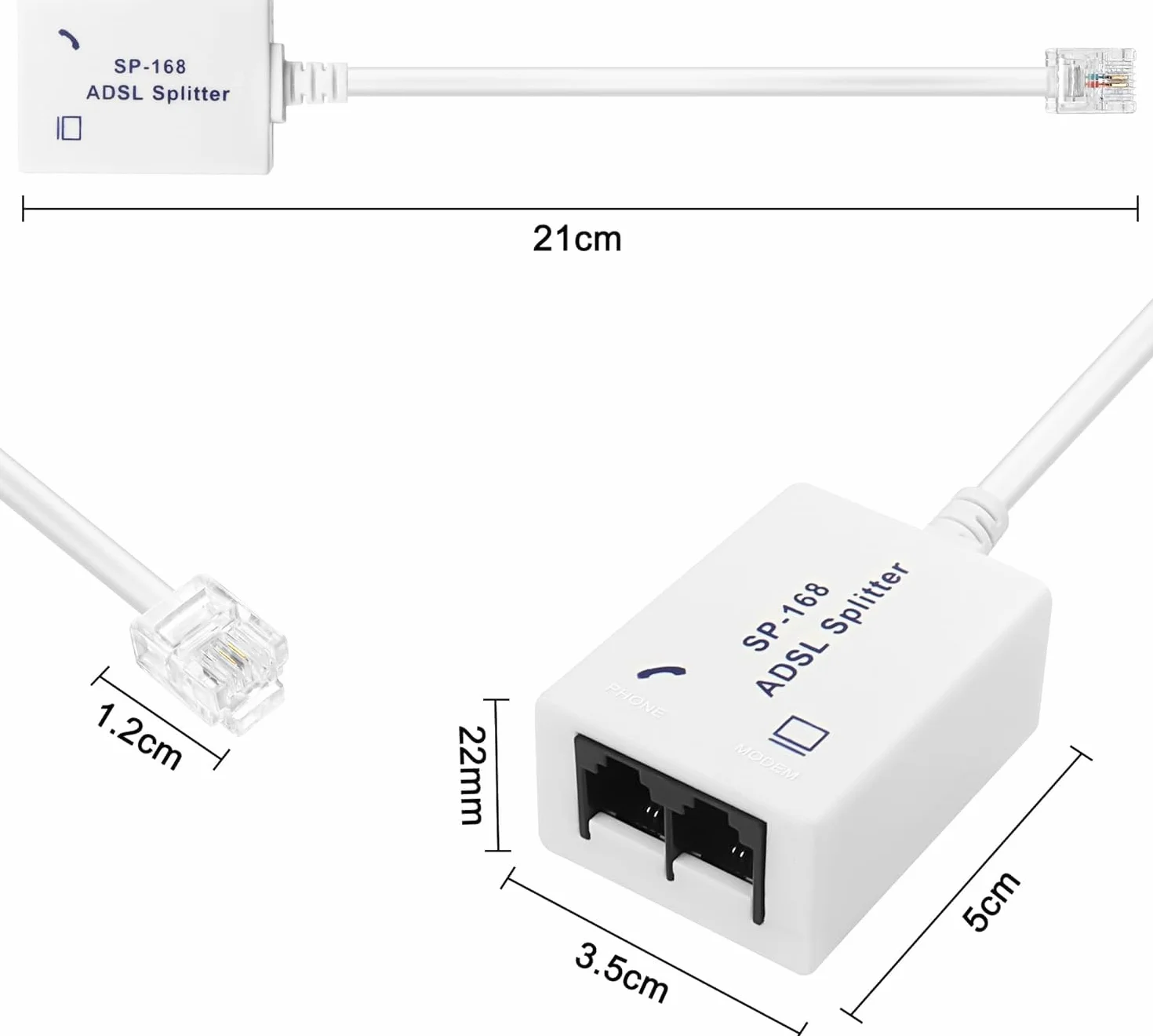 XMSJSIY DSL rozdzielacz ADSL rozdzielacz do linii telefonicznej 1 do 2 RJ11 6P4C/6P2C męski na podwójny żeński modem telefoniczny, adapter do faksu - 2 szt