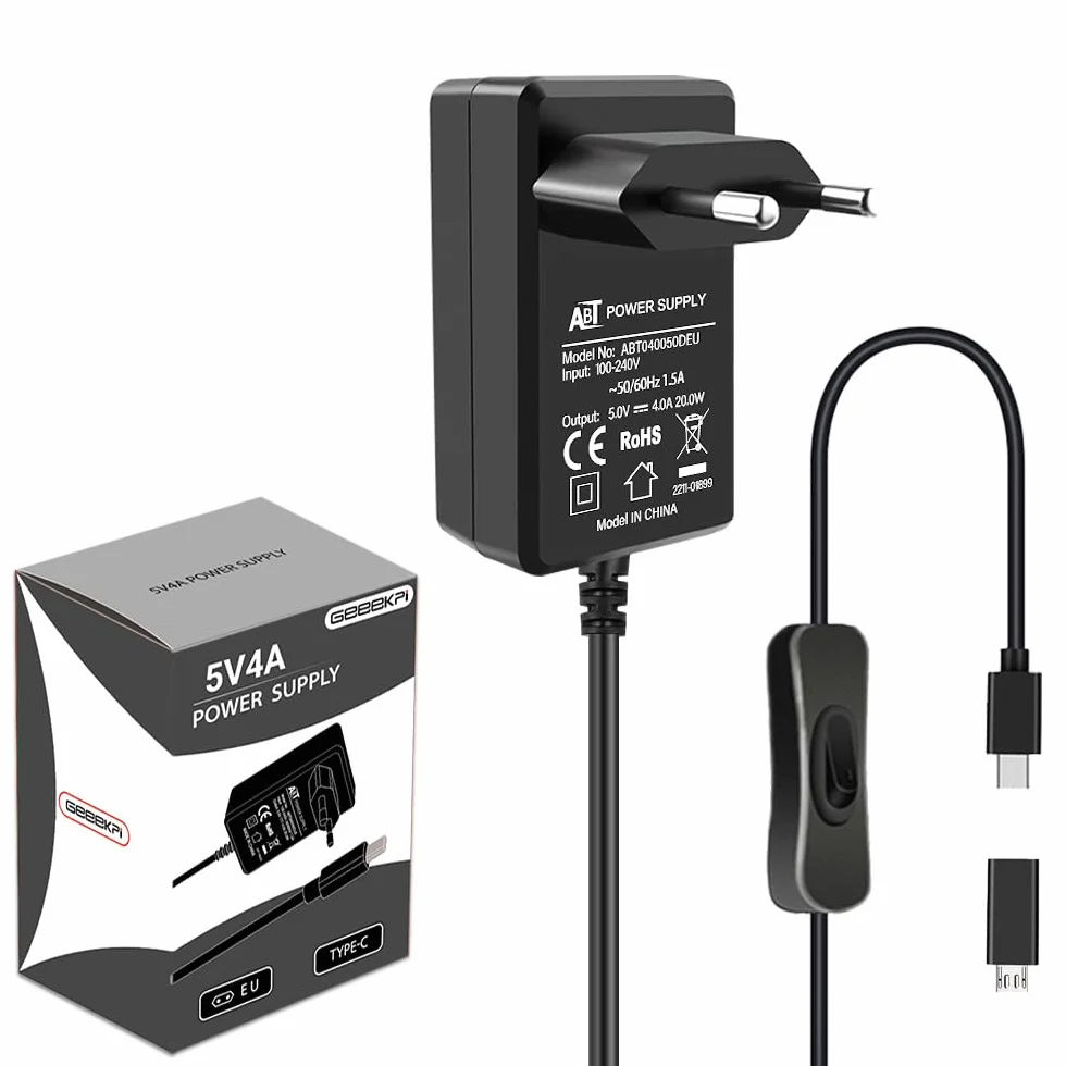 GeeekPi Zasilacz USB C 5V 4A 20W z włącznikiem do Raspberry Pi 4 Model B 8GB/4GB/2GB/1GB, adapter micro USB do Pi 3B+/3B