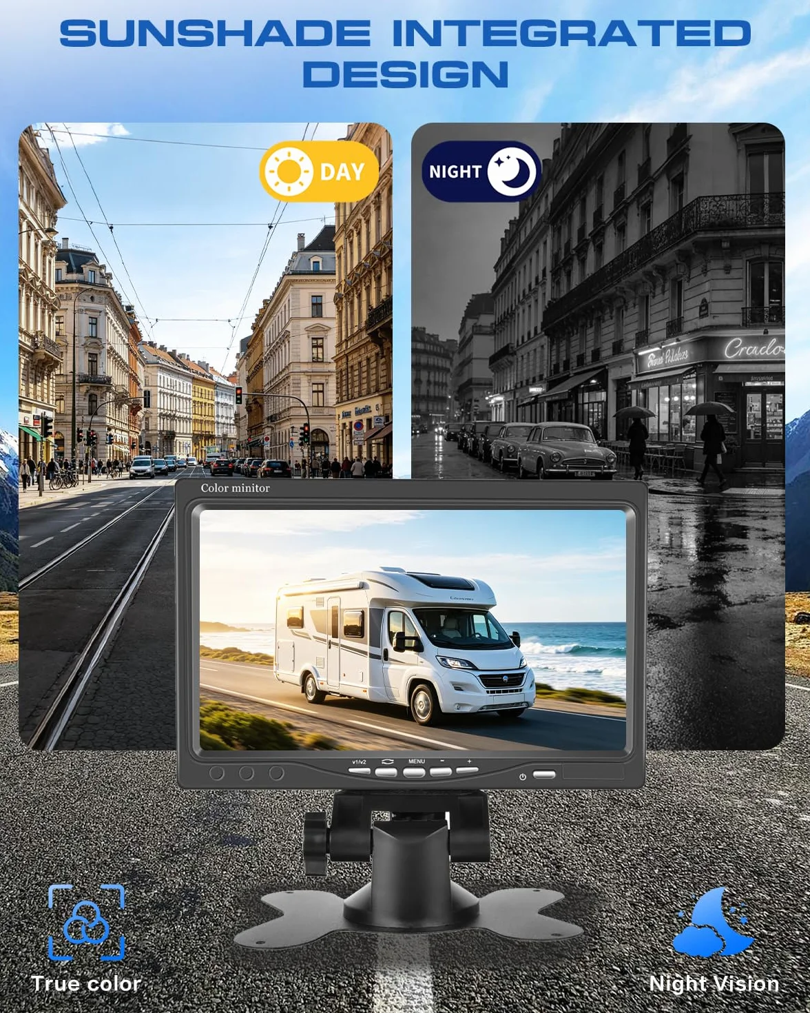 Hikity Zestaw 720P 7-calowy aparat cofania z wodoodporną kamerą IP68 18IR | Możliwość dostosowania do wielu pojazdów Przewodowa kamera cofania o 360° linie pomocy parkowania pilot zdalnego sterowania