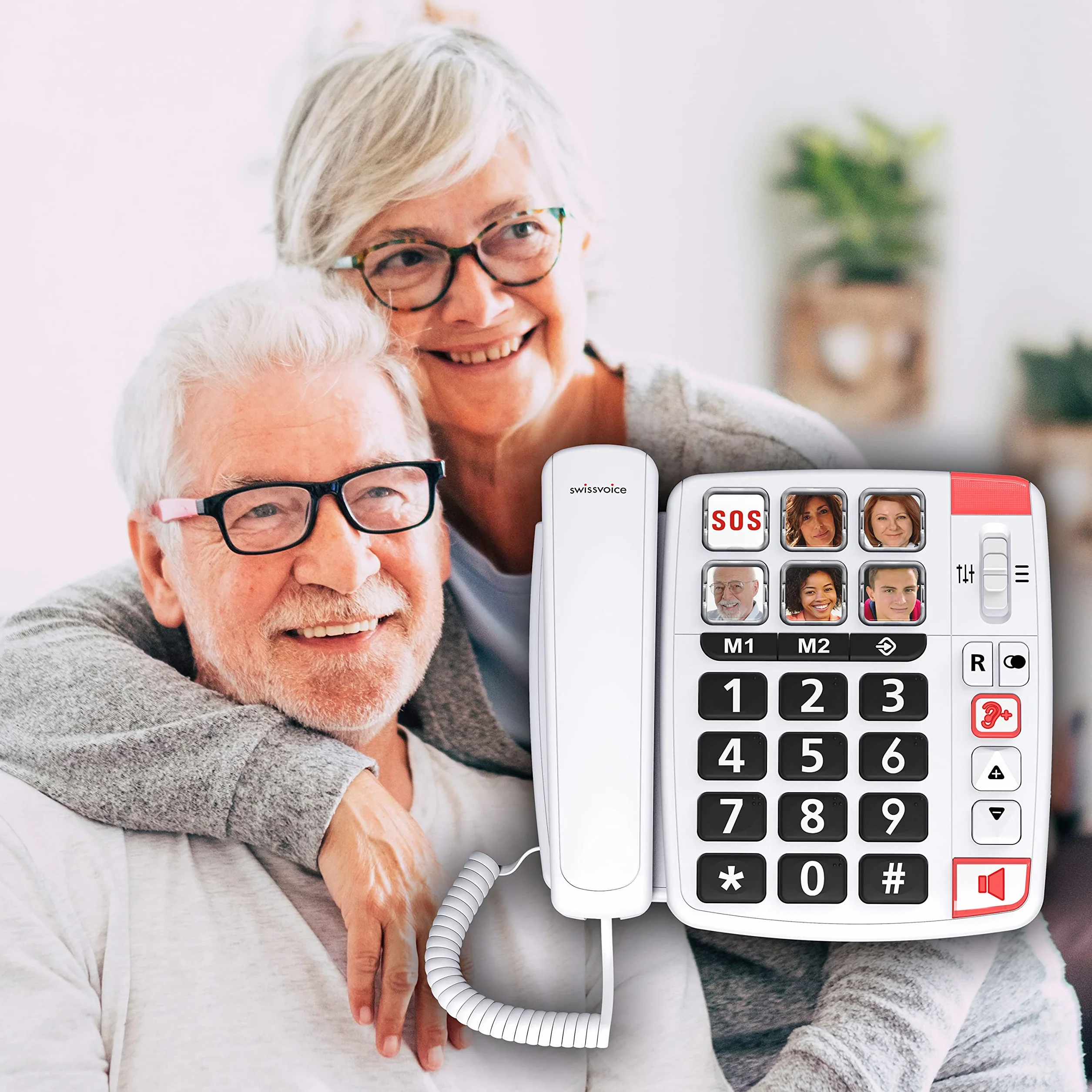 Swissvoice Xtra 1110 telefon przewodowy z bardzo dużymi przyciskami, sześć przycisków bezpośredniego wyboru zdjęć, głośne dzwonki, kompatybilny z aparatami słuchowymi