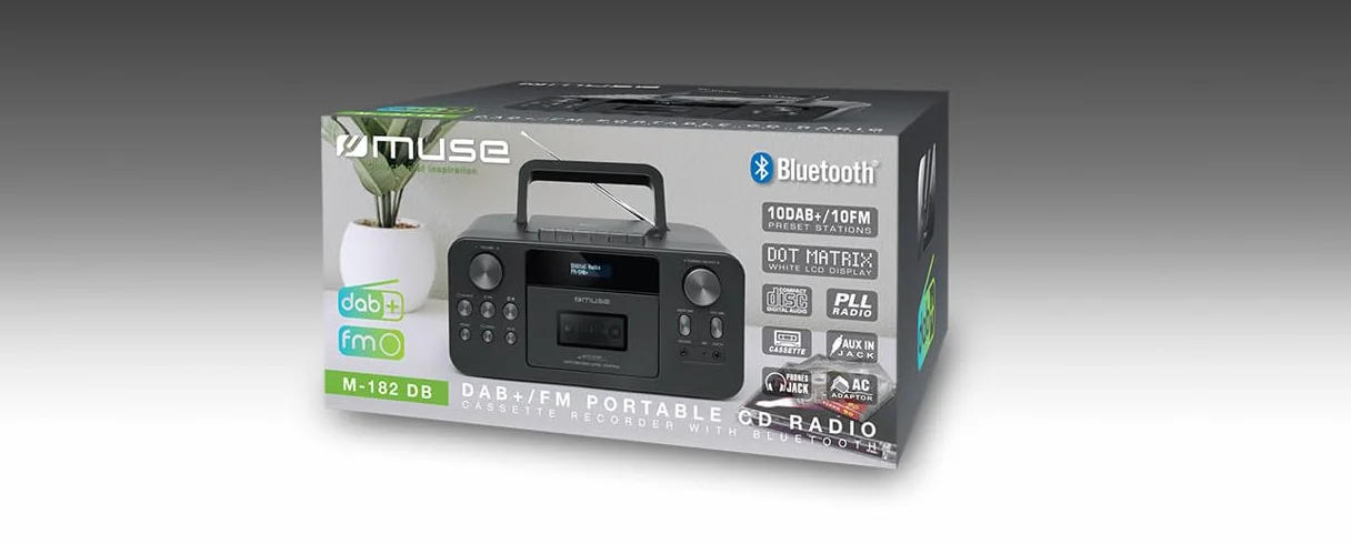 MUSE Przenośne radio DAB+ z odtwarzaczem CD Bluetooth, odtwarzacz kasetowy, UKW, wejście słuchawkowe, AUX-In, wyświetlacz LCD, strumieniowe przesyłanie muzyki, czarne (M-182DB)