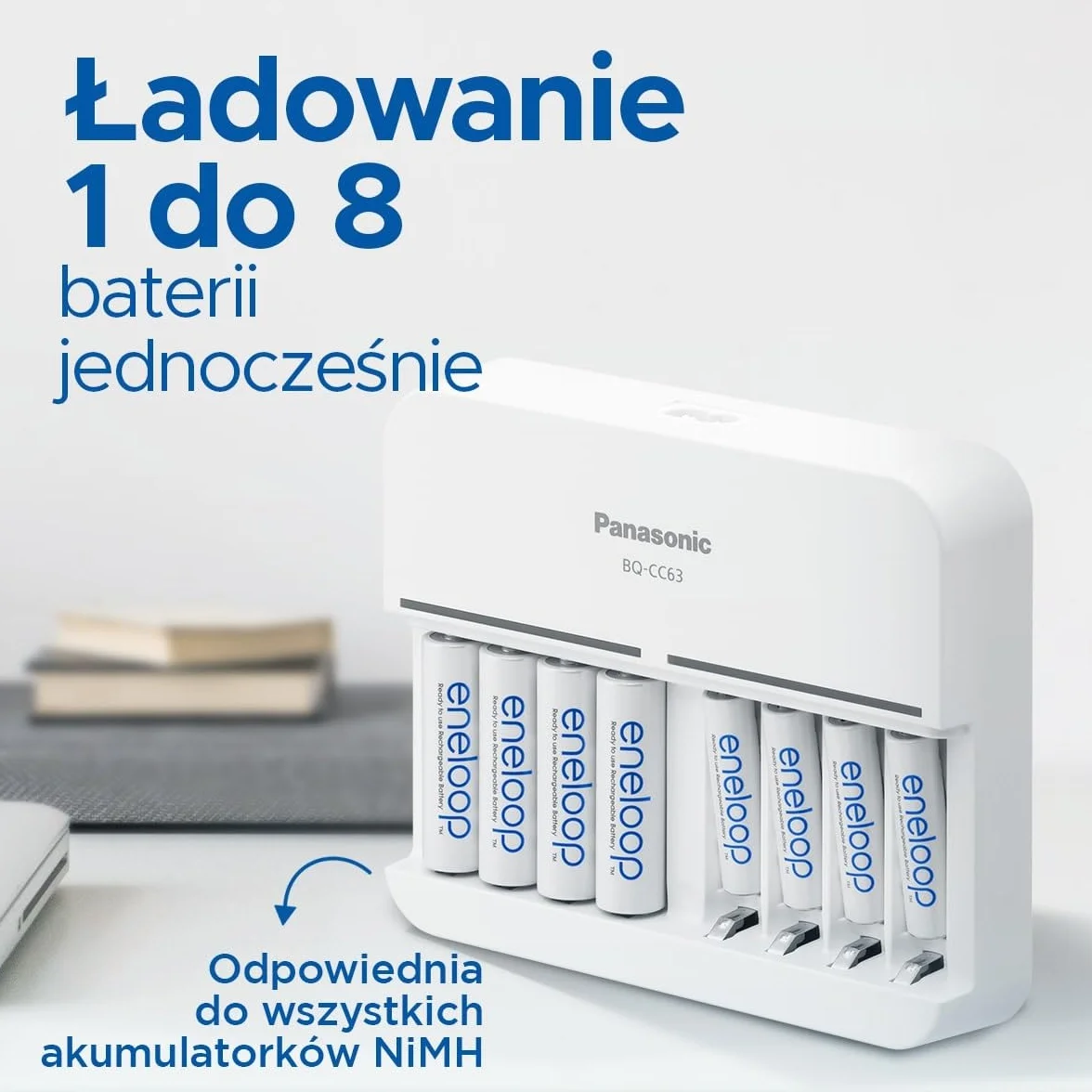 Panasonic eneloop BQ-CC63ic Smart 8 Ładowarka do akumulatorów AA/AAA Ni-MH z 8 wskaźnikami LED, niebieski