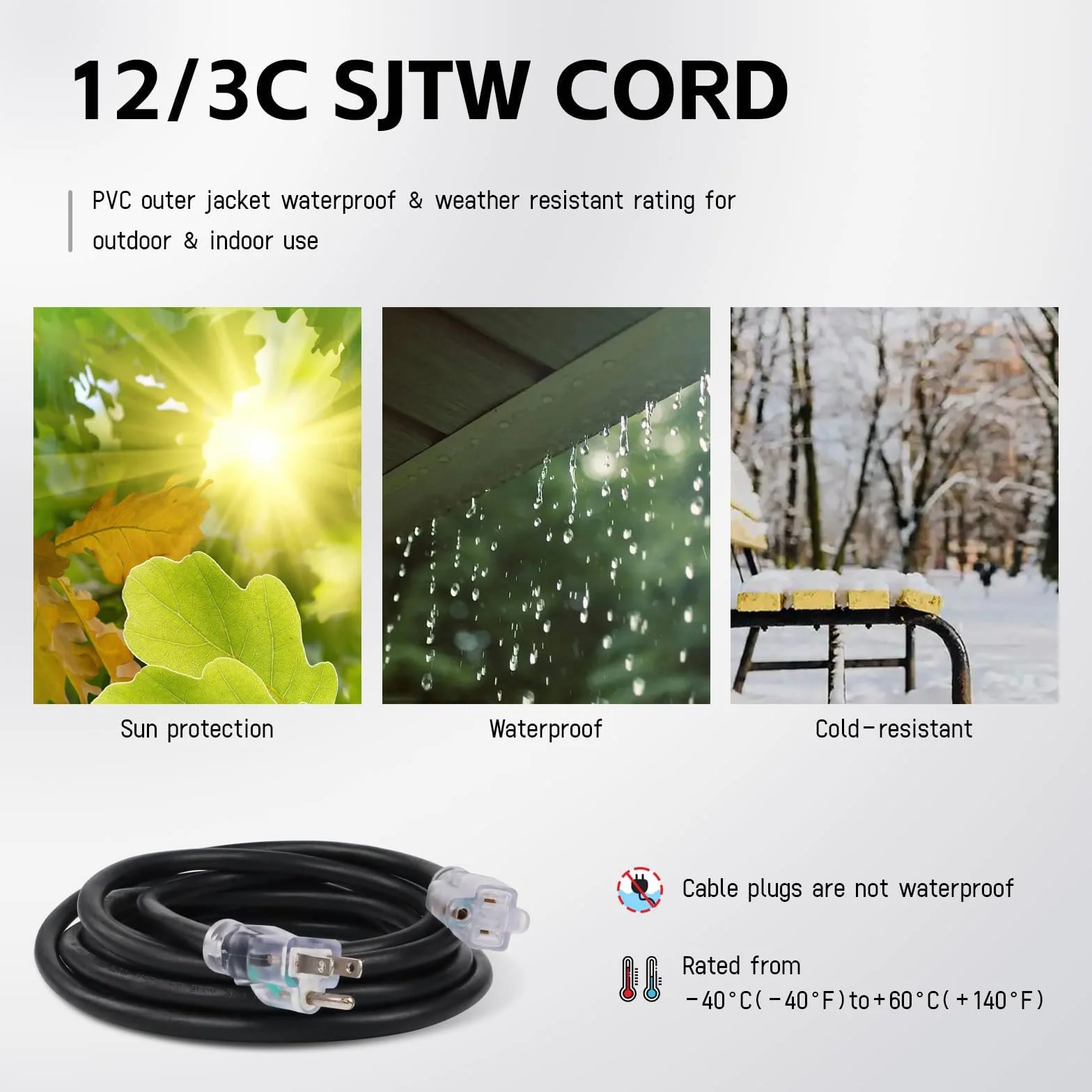 EP Zewnętrzny podświetlany przedłużacz 12/3 SJTW Heavy Duty czarny przedłużacz z 3-pinową wtyczką - kabel zasilający do trawnika, ogrodu, urządzeń gospodarstwa domowego