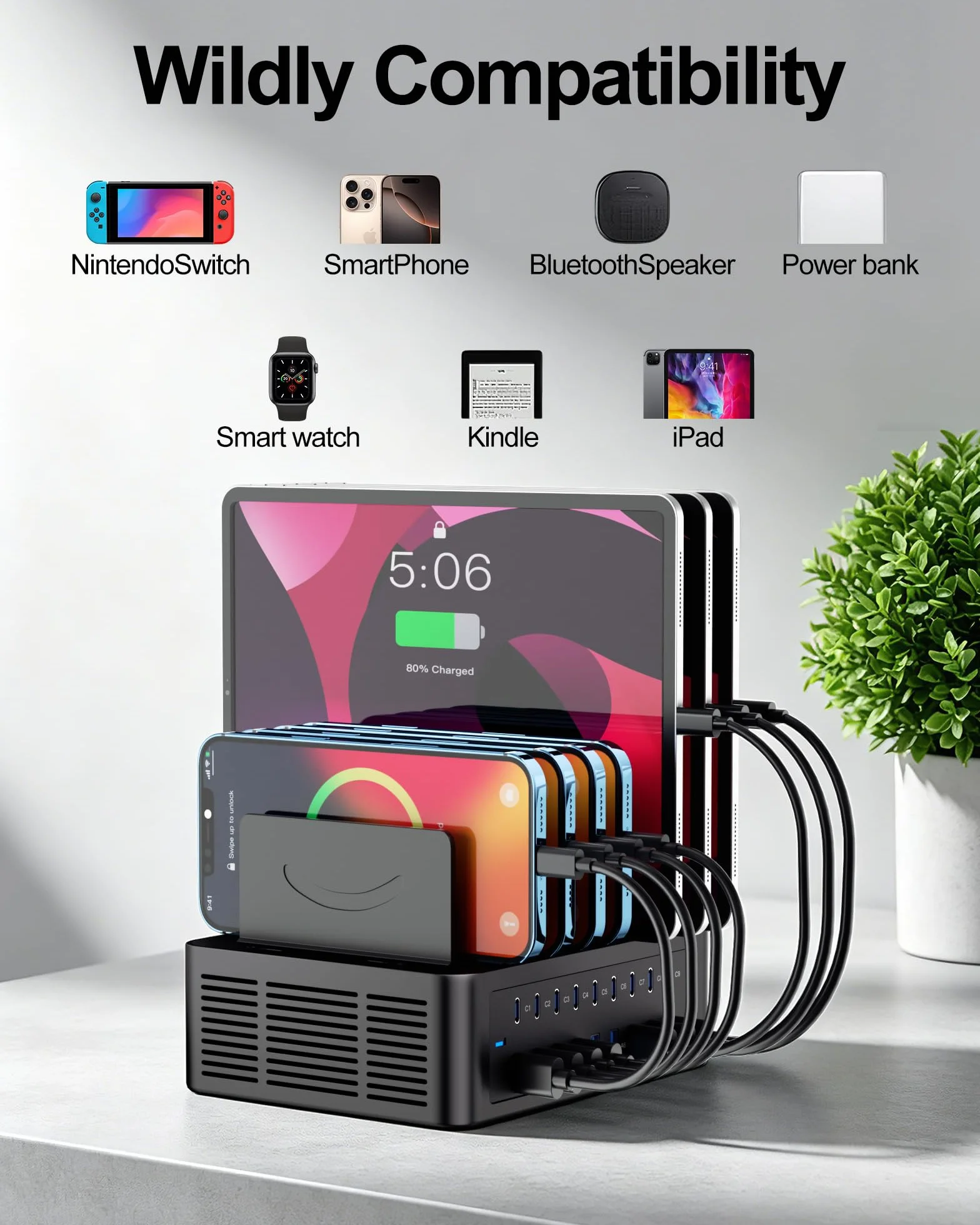 Stacja ładująca 150 W/35 A do wielu urządzeń, 16-portowa stacja ładująca USB C z regulowanymi przegrodami – organizer stacja ładująca do smartfona, iPada, Kindle, tabletu i innych urządzeń