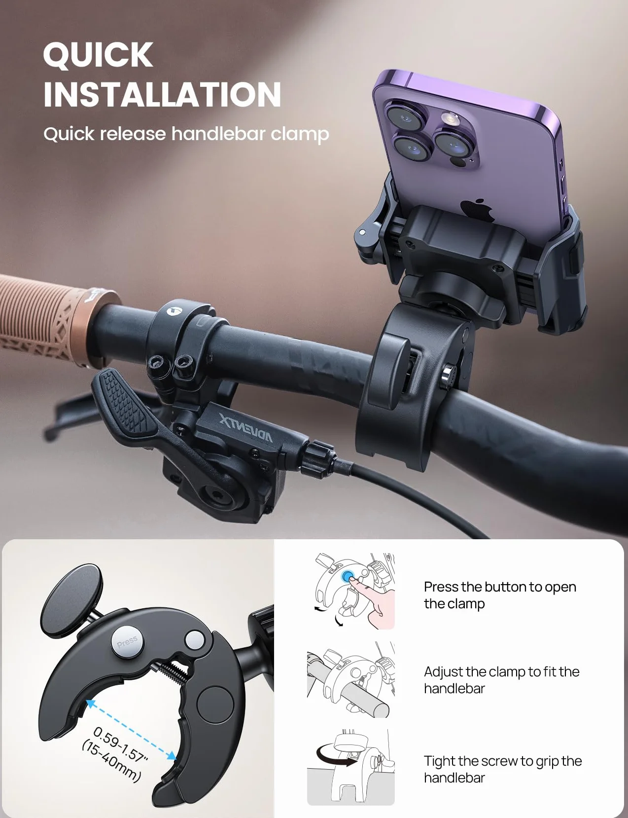 Lamicall Motocyklowy uchwyt na telefon do filmowania - 【1s szybkie zapięcie】Uniwersalny uchwyt na telefon motocyklowy do telefonu iPhone 16 15 14 13 12 Pro Max Plus Mini, Xs XR, Samsung, 4,7-7 cala