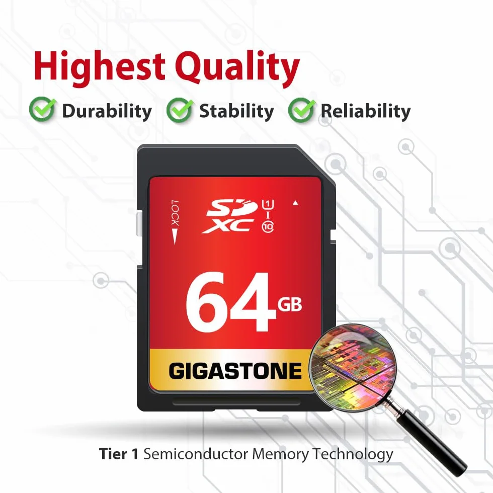 GIGASTONE 64 GB Zestaw 10 kart pamięci SDXC, seria premium, prędkość 80 MB/s. Kompatybilny ze zdjęciami, filmami, muzyką, kamerą, komputerem, U1 UHS-I Class 10 dla UHD Wideo, z 10 mini etui