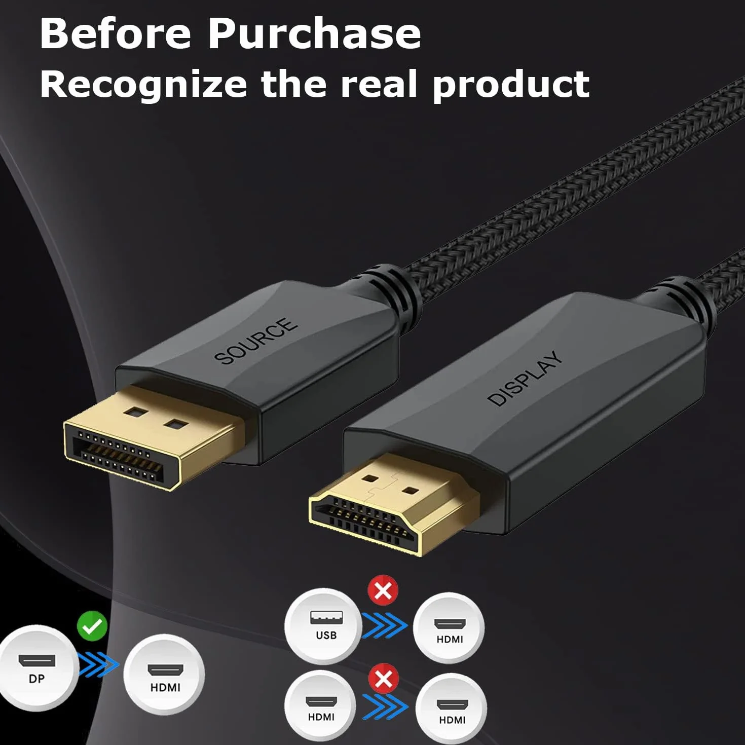 Kabel DisplayPort do HDMI 4K, 1,2 m, adapter DP na HDMI, szybki męski na męski, kompatybilny z Dell, HP, Insignia, Samsung, plus, niedwukierunkowy