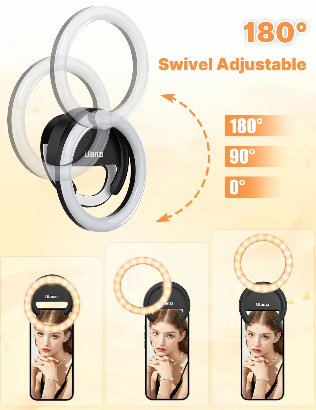 Lampa pierścieniowa na telefon komórkowy ULANZI 4", światło do selfie, telefon komórkowy, 3 temperatury barwowe 3000-7000 K, lampa pierścieniowa, 5 poziomów jasności, lampa wideo, do selfie,