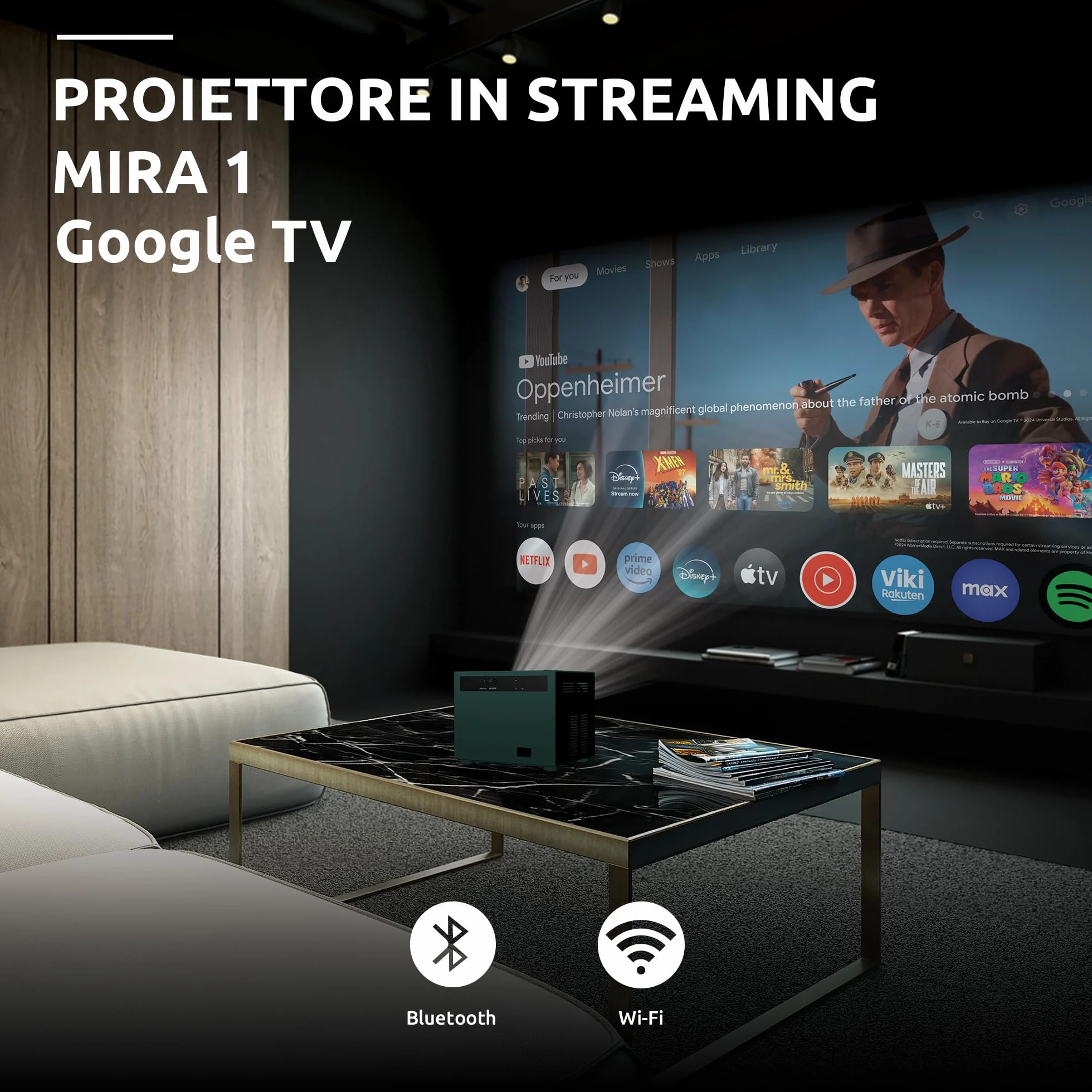 Strong MIRA1 Oficjalny projektor wideo Google TV Smart 1080P, kompatybilny z 4K, z automatycznym ustawianiem ostrości i kluczem, przenośny projektor zewnętrzny Bluetooth do iOS/Android/kina domowego