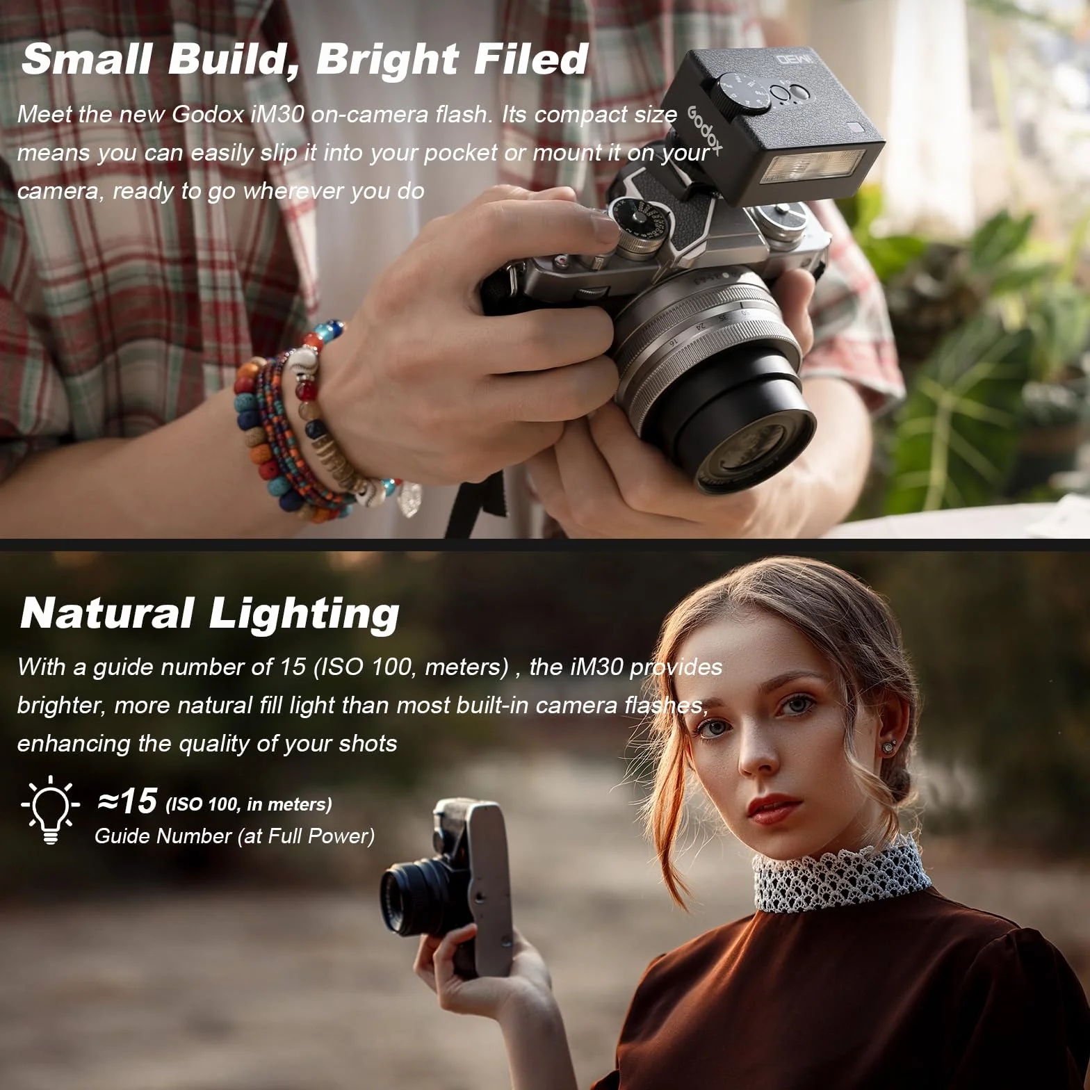 Godox iM30 Mini lampa błyskowa do aparatu Flash Speedlite z torbą GN15, ręczna lampa błyskowa, 230 pełnych błysków, 7 poziomów mocy, kompatybilna z Canon, Sony, Nikon, Pentax, Panasonic Olympus