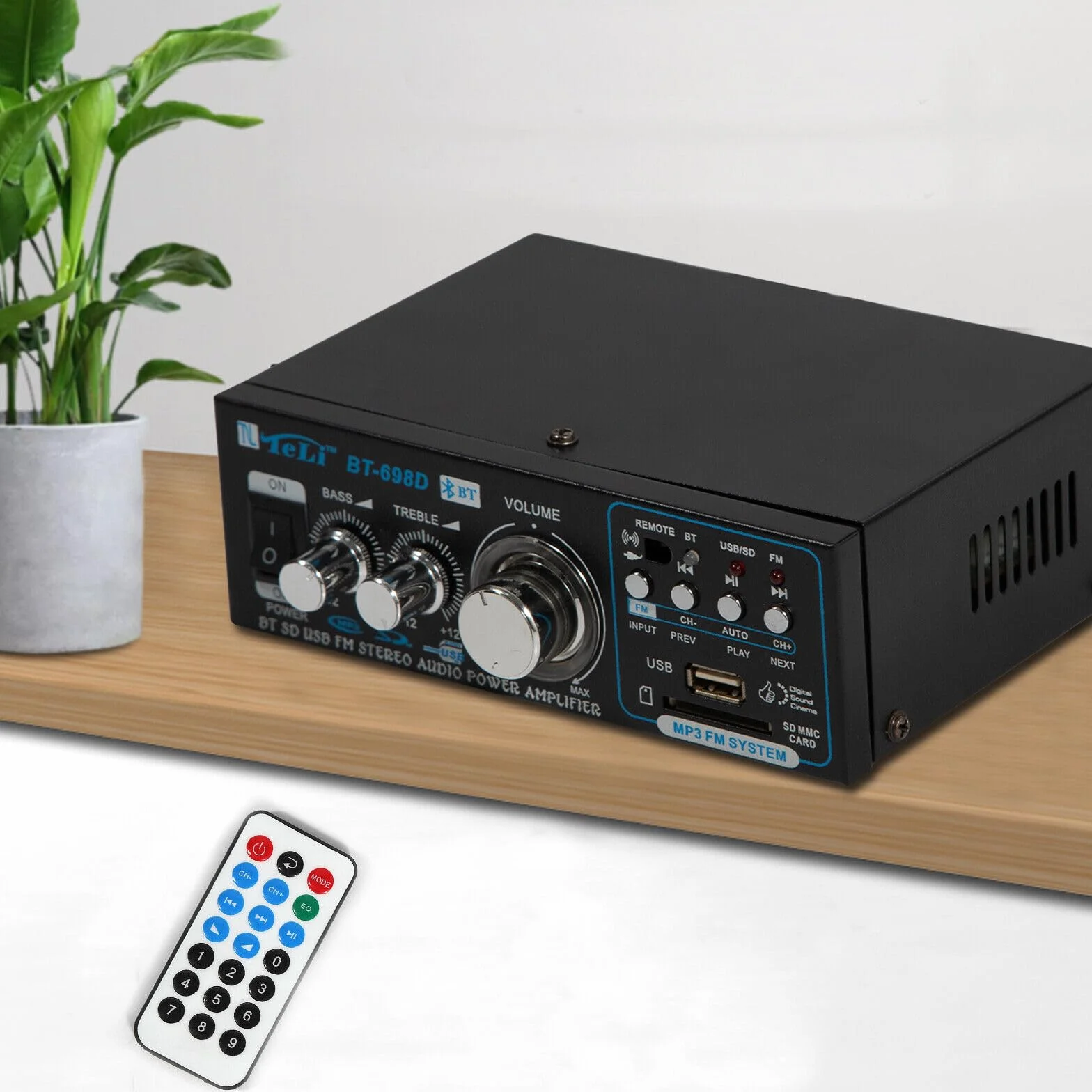 Wzmacniacz stereo HiFi Bluetooth, 2 kanały FM, cyfrowy wzmacniacz dźwięku, wzmacniacz audio, wzmacniacz stereo, pełny wzmacniacz, wejście na kartę SD/USB