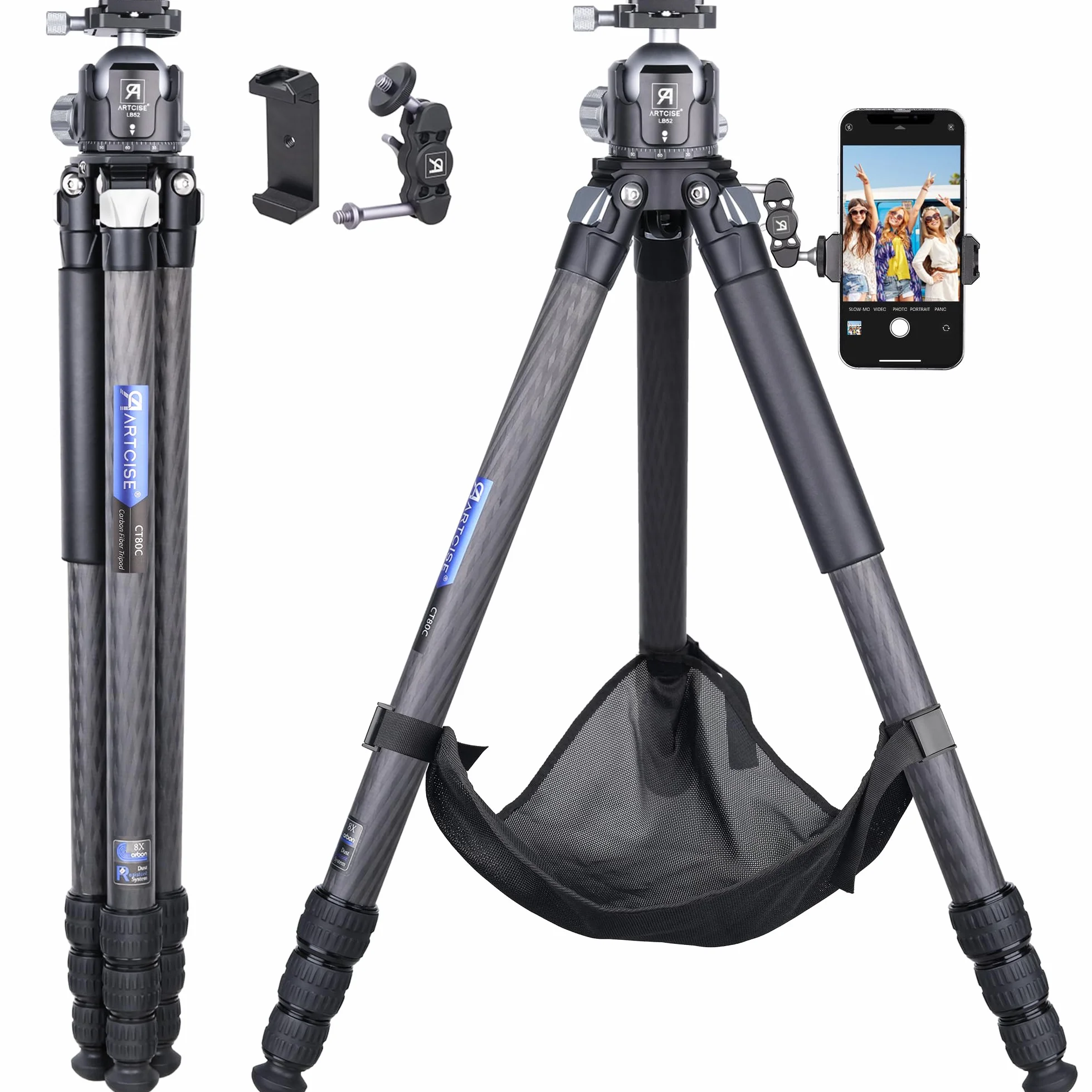 Statyw z włókna węglowego z niskoprofilową głowicą kulową 52 mm i kamienną torbą ARTCISE wytrzymały stojak na aparat podróżny do aparatu Canon Sony Nikon DSLR, maksymalne obciążenie 25 kg (dodatkowy prezent: kamienna torba, magiczne ramię, klips do telefo