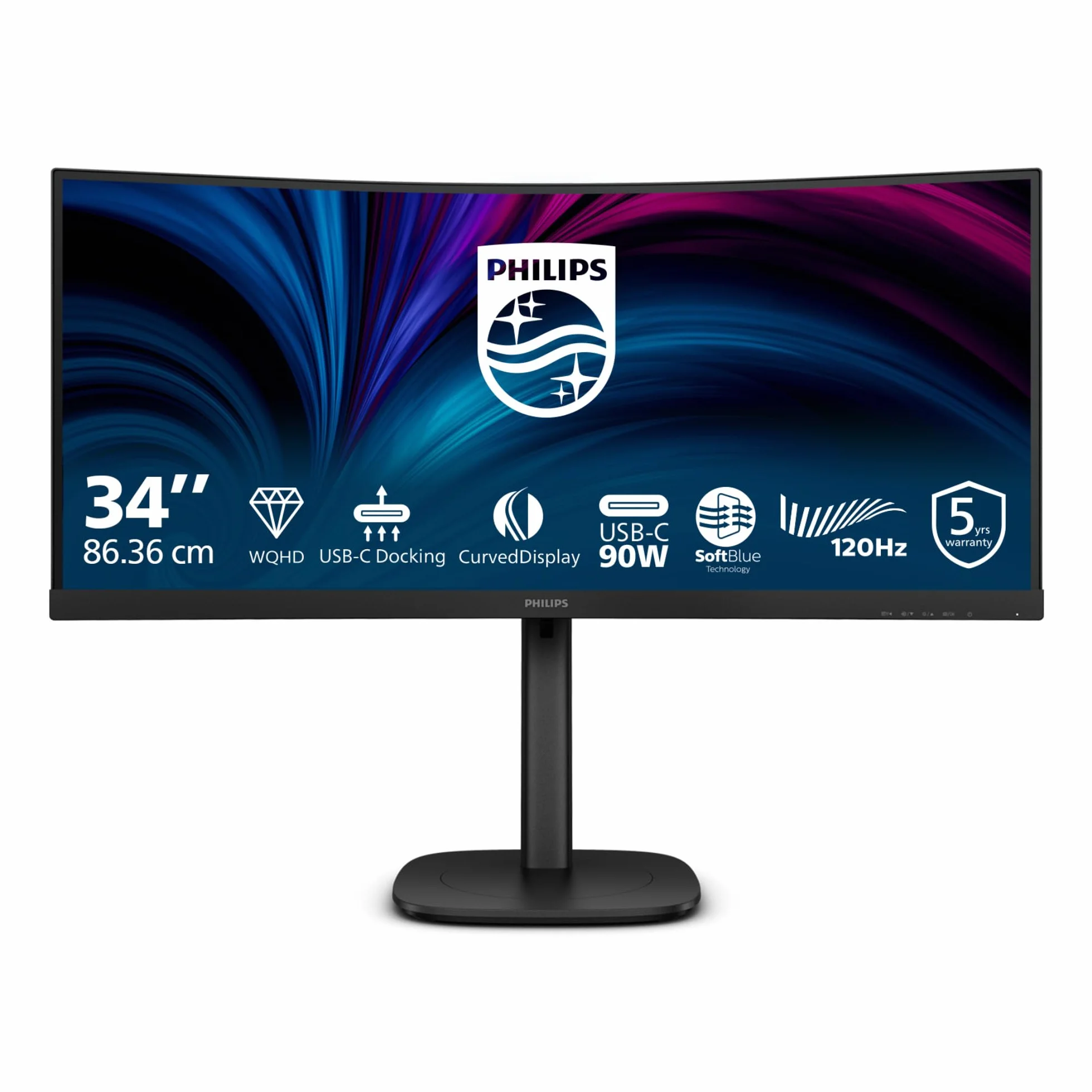 Philips 34B2U3600C - 34-calowy zakrzywiony monitor WQHD, z regulacją wysokości, głośniki (3440x1440, 120 Hz, 1x HDMI 2.0, 1x DP 1.2, 1x USB-C (90W PD), hub USB, RJ45) Czarny